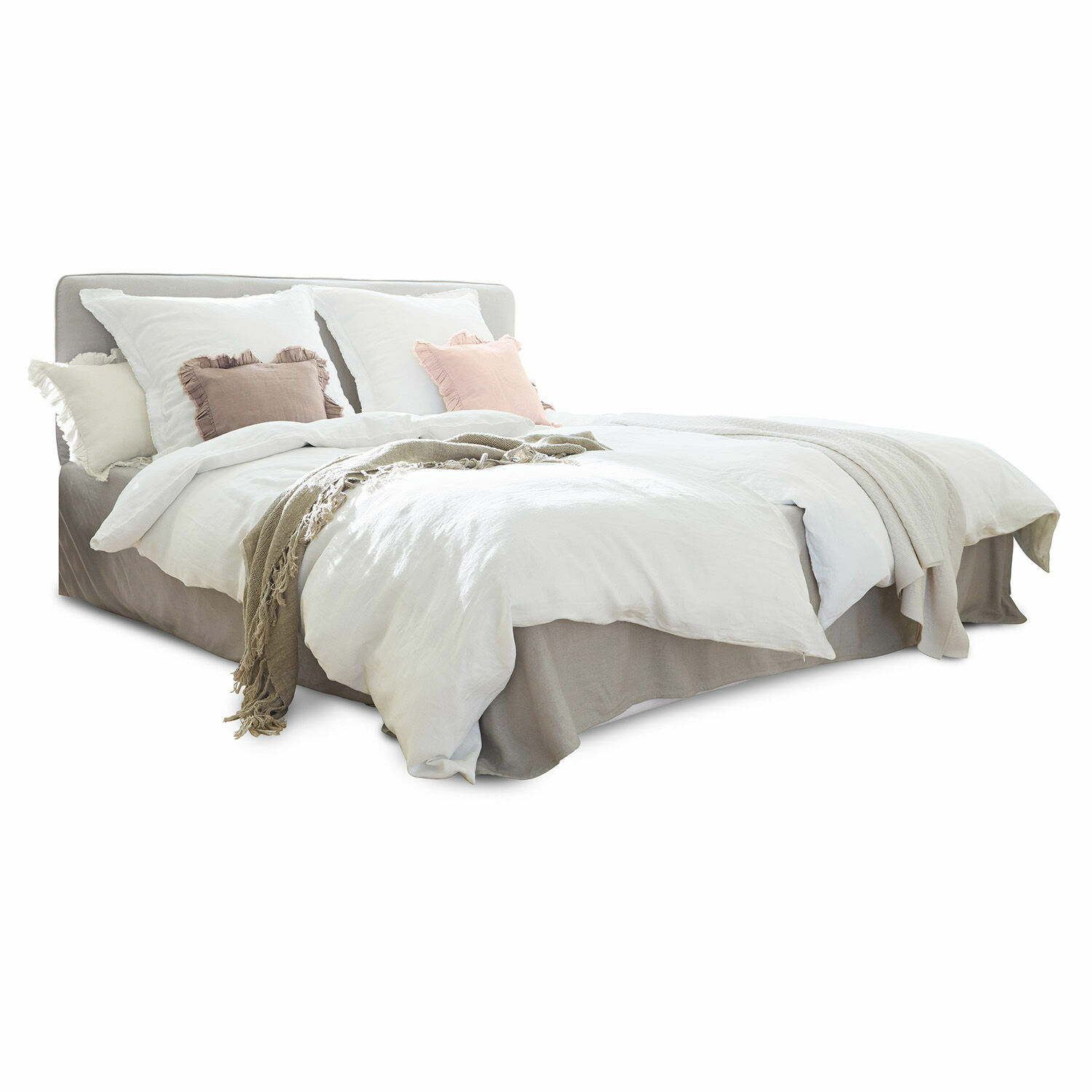 gris Lit Aubrianne gris en tissu avec literie blanche et coussins pastel pour chambre à coucher