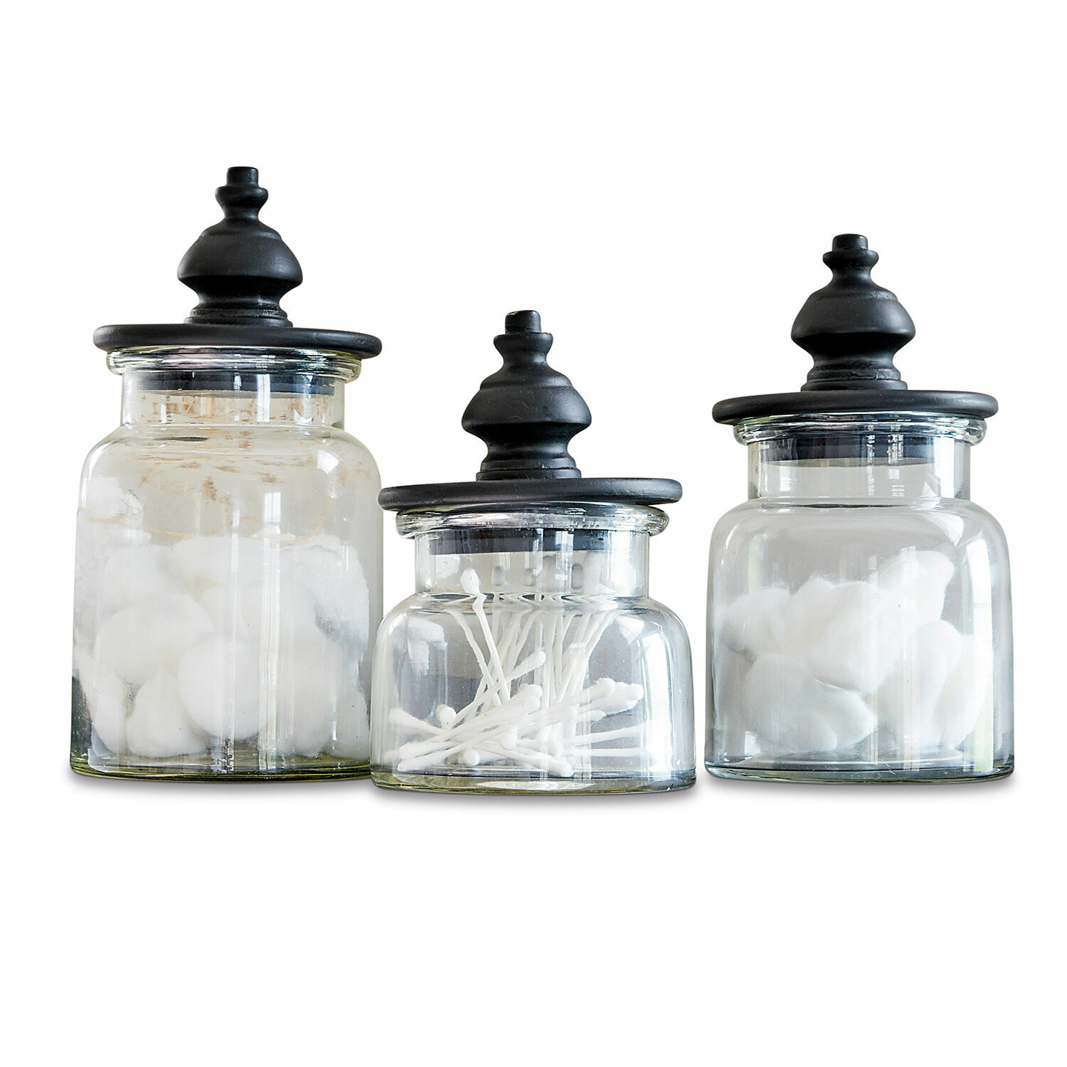 Lot de 3 pots Hakeen Ensemble de trois bocaux en verre avec couvercles noirs pour coton et cotons-tiges blancs