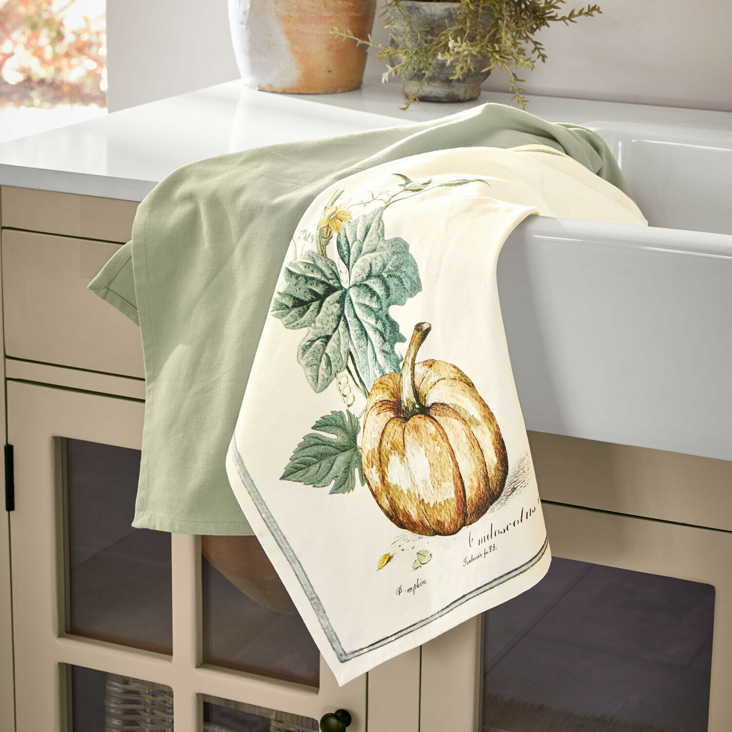 Lot de 2 torchons Pavolinos Torchon en lin vert et crème avec motif citrouille et feuilles pour décoration de cuisine