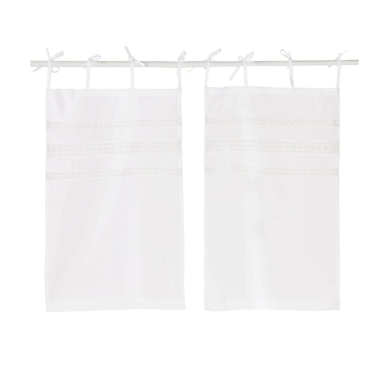 Lot de 2 brise-bise Aibre Ensemble de deux rideaux blancs en coton avec bandes en dentelle décorative et liens pour suspension