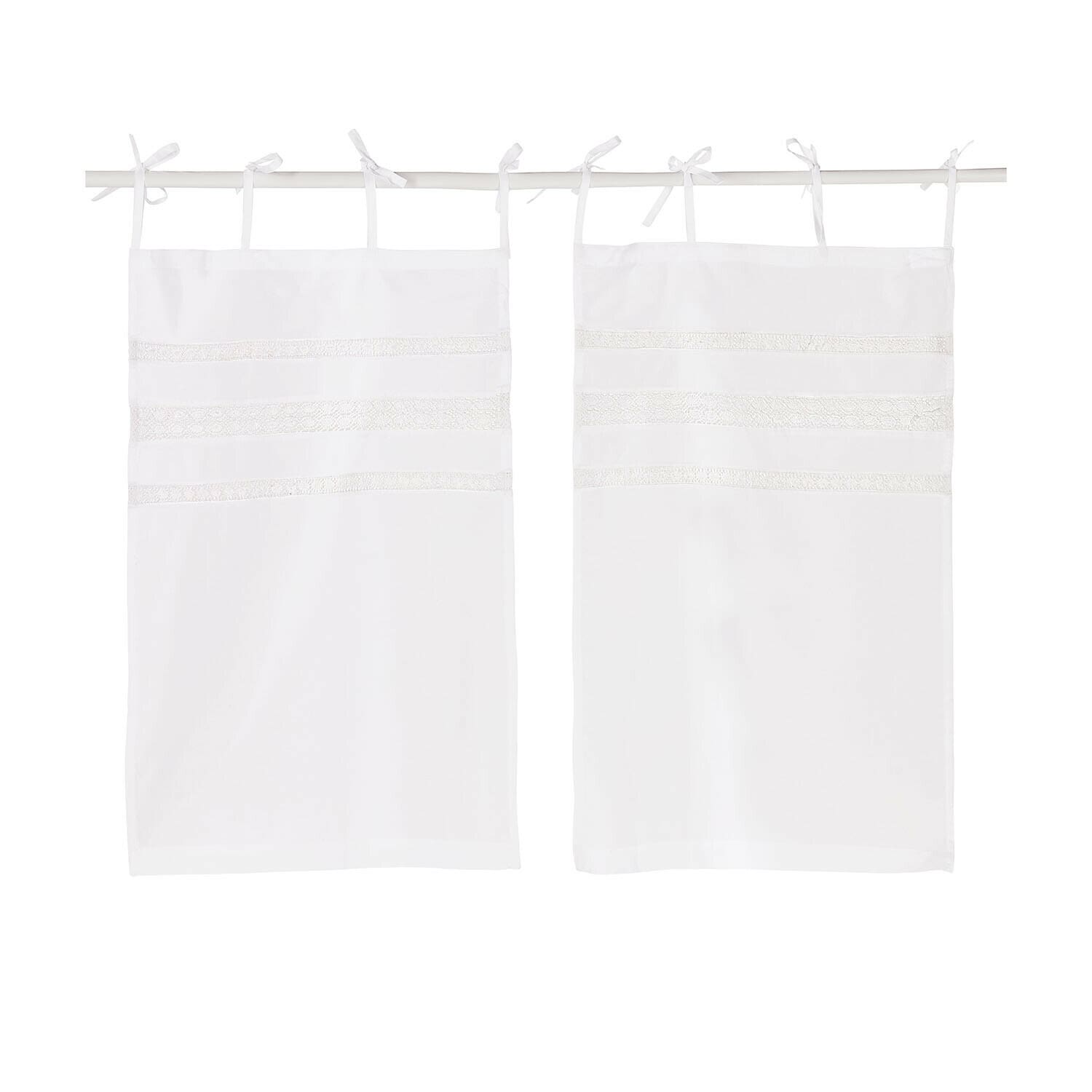 Lot de 2 brise-bise Aibre Ensemble de deux rideaux blancs en coton avec bandes en dentelle décorative et liens pour suspension