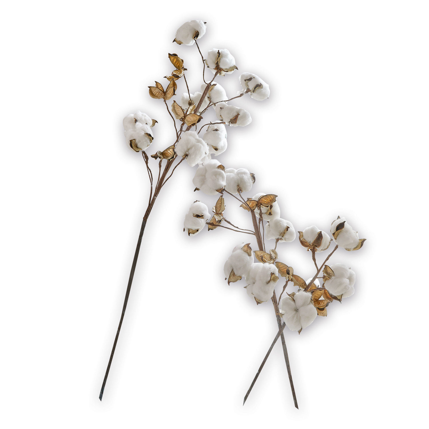 Lot de 3 tiges Sauves Branches décoratives de coton avec boules blanches et feuilles brunes sur longues tiges