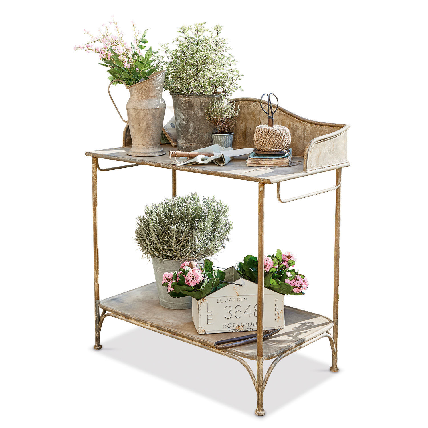 Table de rempotage Banners Table d'extérieur en métal style vintage beige avec pots de fleurs et outils de jardinage décoratifs