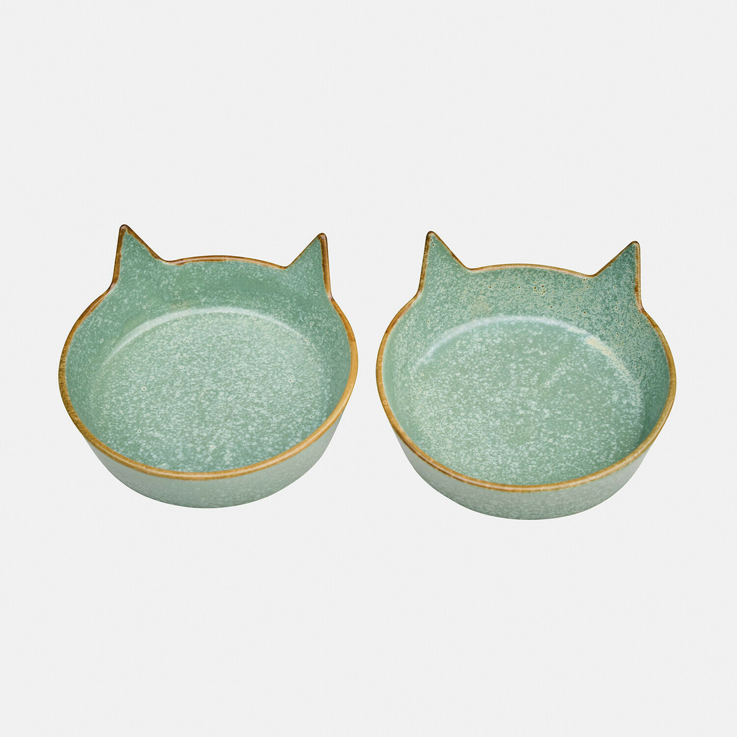 Ensemble de deux bols en céramique en forme de tête de chat, vert avec bordure marron, vaisselle décorative