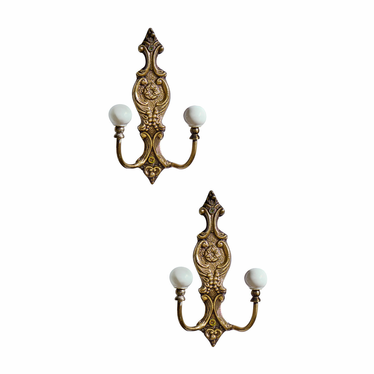 Lot de 2 patères Nuvéal Ensemble de deux crochets muraux en laiton avec boutons en céramique blanche, style vintage