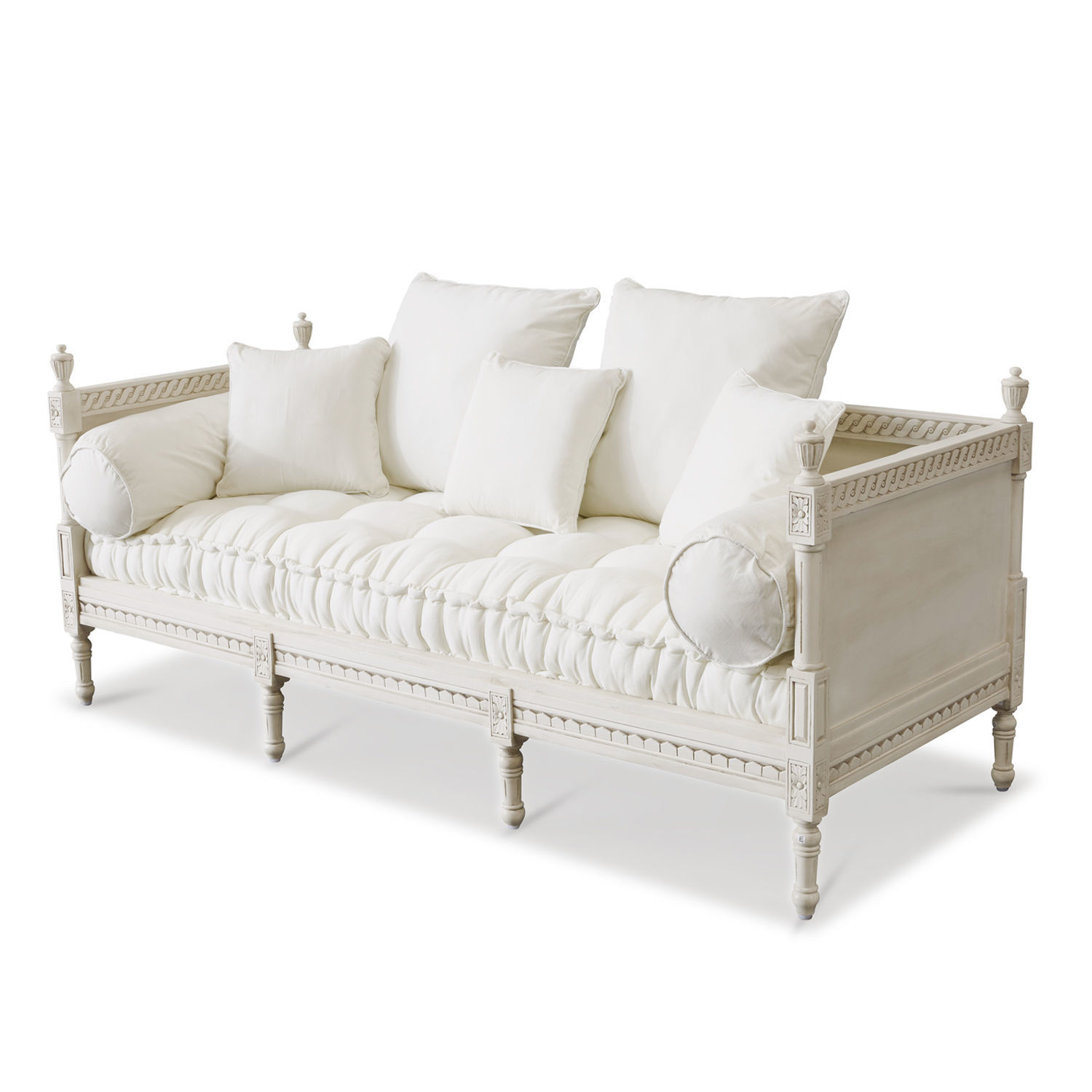 blanc vieilli Canapé Douville en bois antique blanc avec coussins moelleux, meuble élégant pour salon