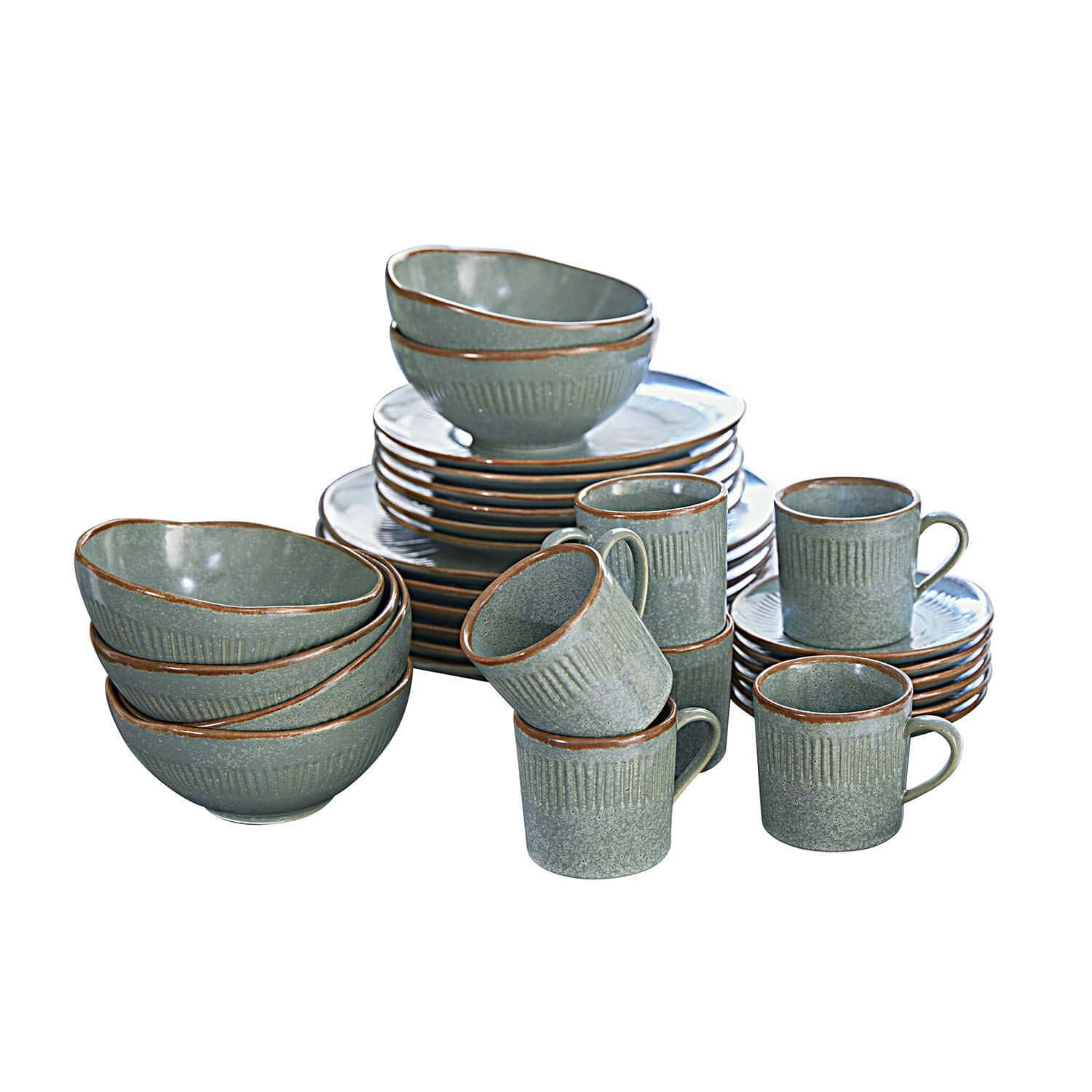 Service 30 pièces Périers Service de vaisselle en céramique verte avec bordure marron, comprenant assiettes, bols et tasses