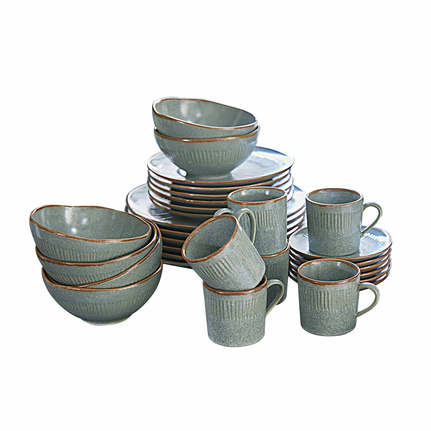Service 30 pièces Périers Service de vaisselle en céramique verte avec bordure marron, comprenant assiettes, bols et tasses
