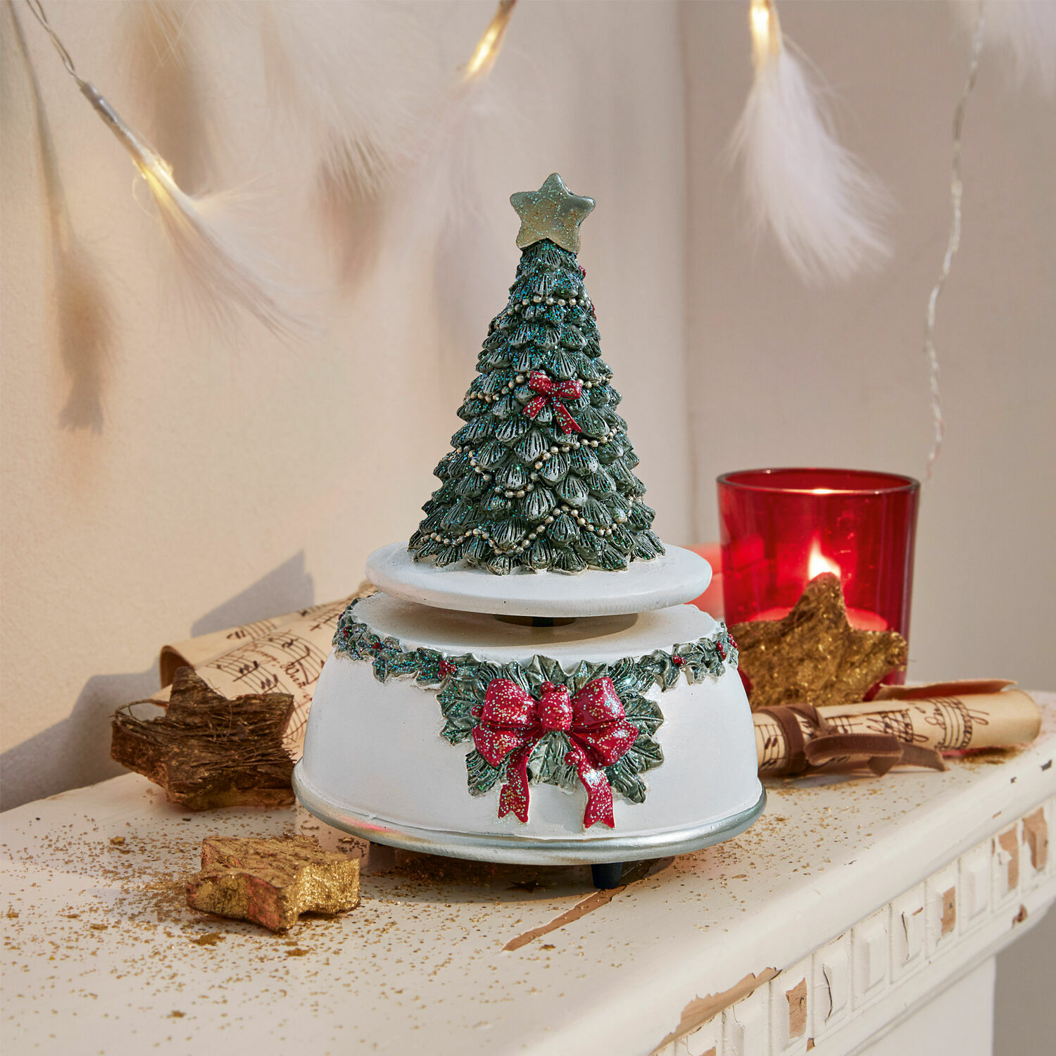 Boîte à musique Rebets Socle blanche décorative avec sapin vert et nœuds rouges pour décoration de Noël festive
