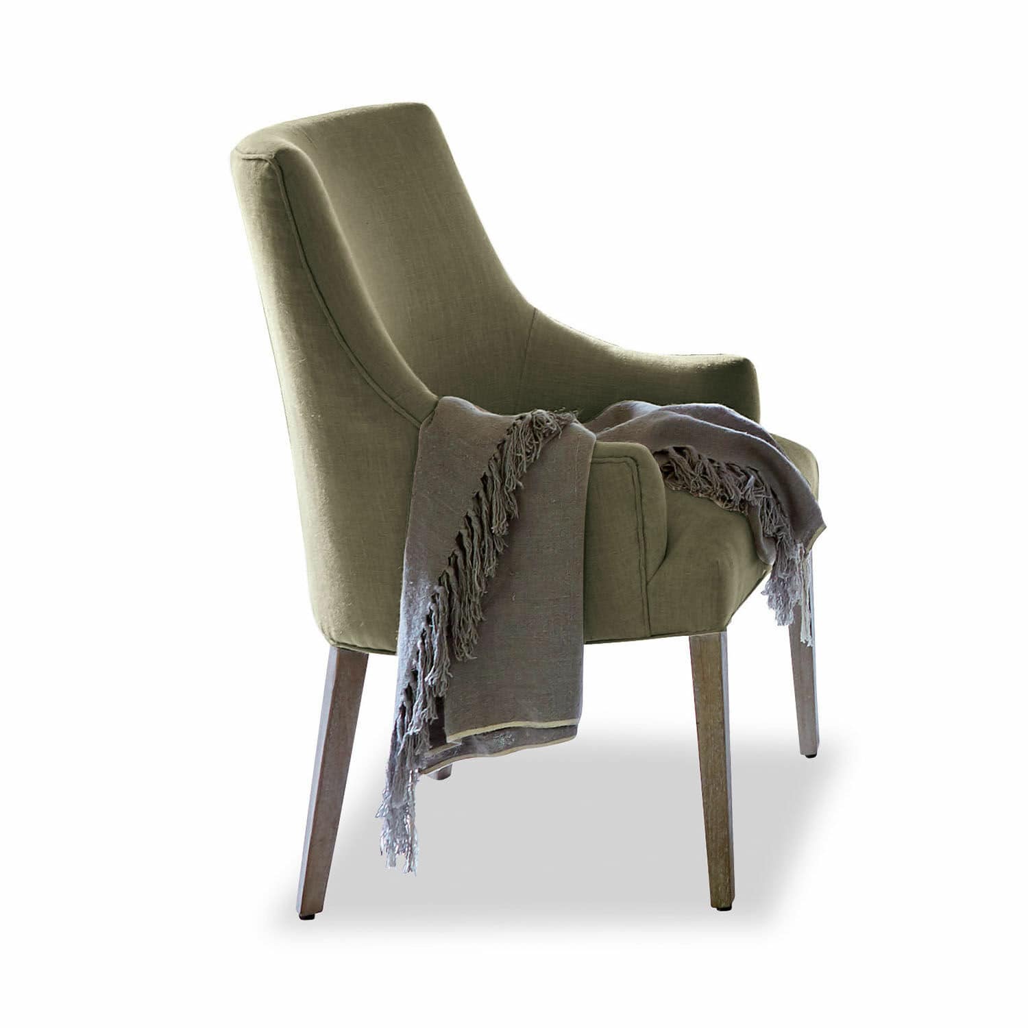 Chaise Hyeres Fauteuil vert en tissu avec pieds en bois et plaid gris, meuble confortable pour salon