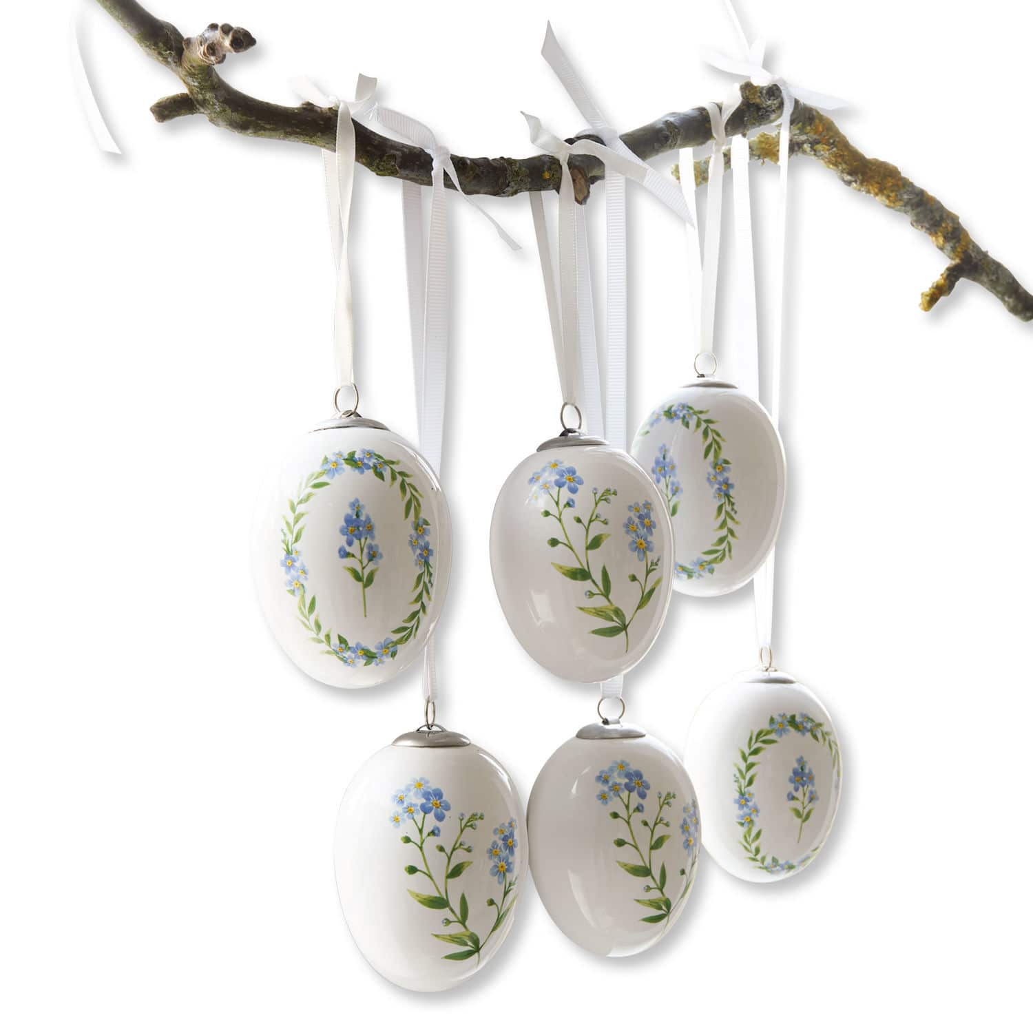 Lot de 6 œufs de Pâques Fierolla Œufs en céramique blanche avec fleurs bleues suspendus sur rubans, décoration printanière