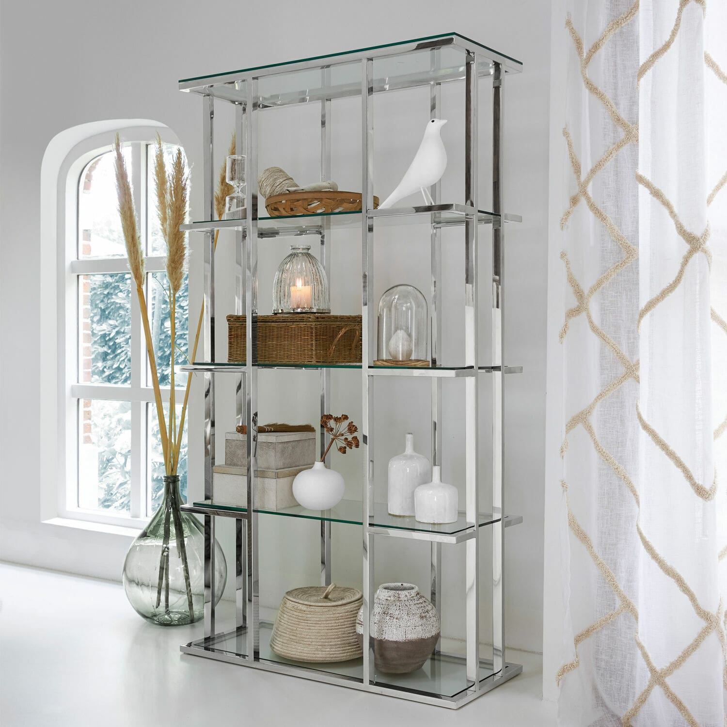 Étagère Dacre Étagère moderne en verre avec cadre métallique argenté pour salon et décoration intérieure
