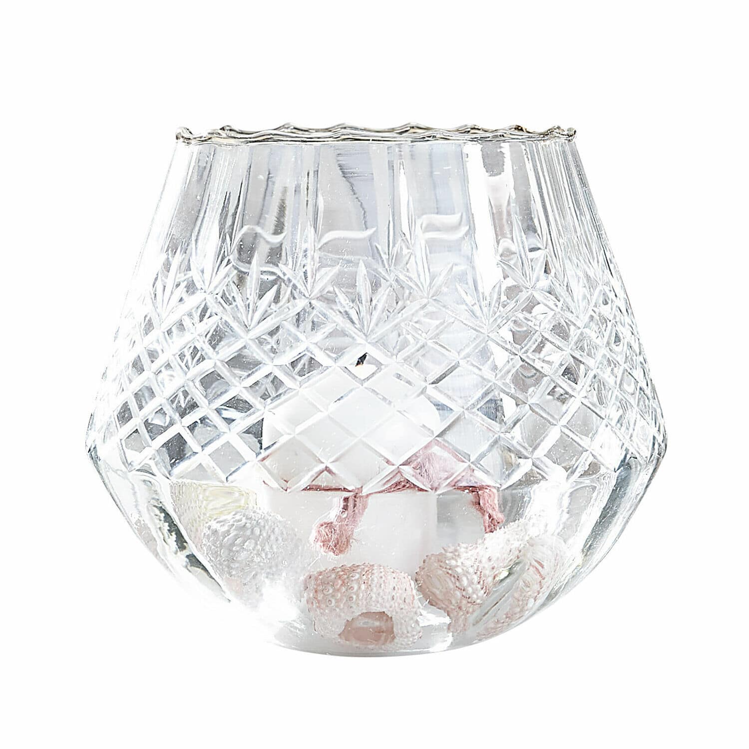 Photophore Tianie Photophore en verre gravé avec bougie blanche et décor coquillages, ambiance marine élégante