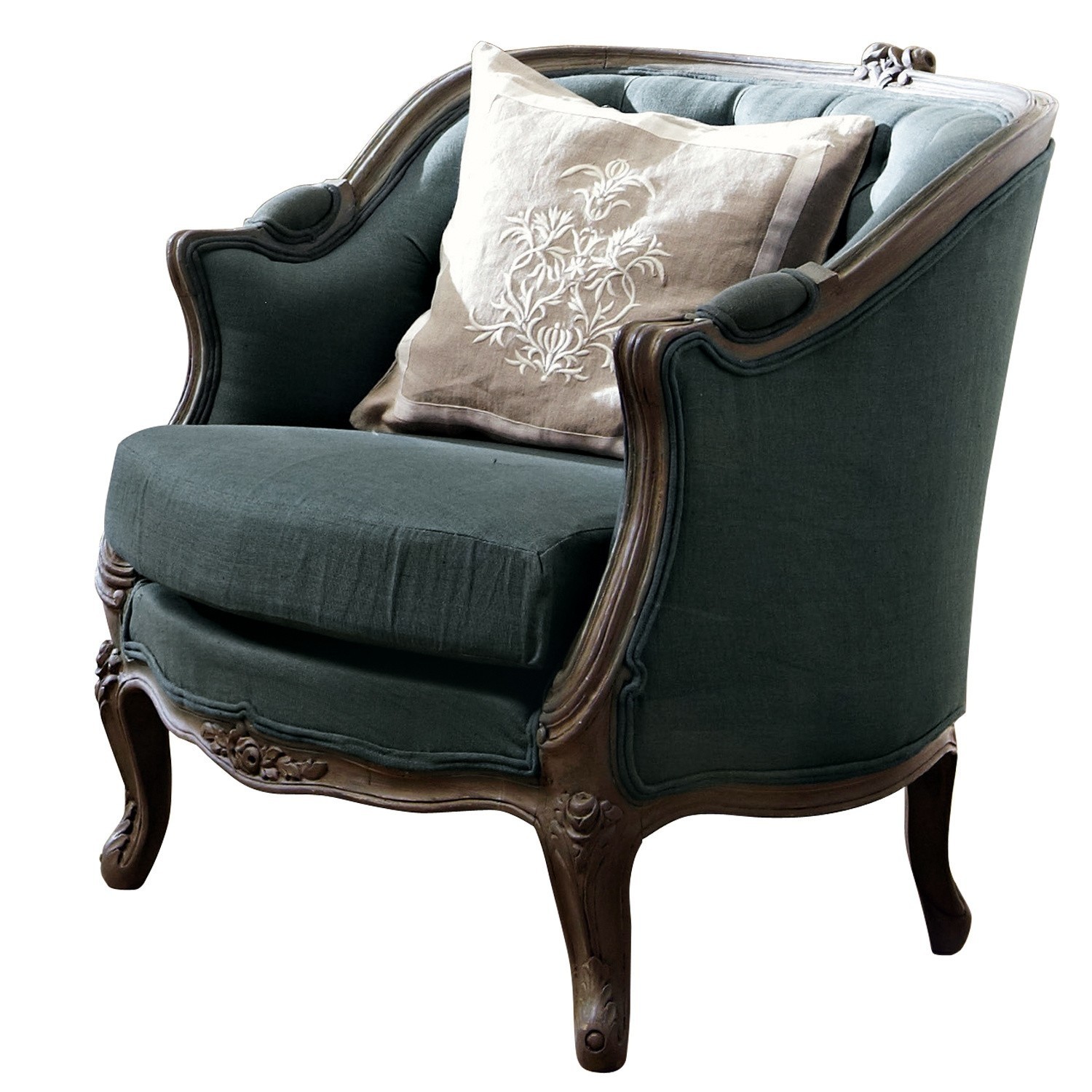 pétrole Fauteuil Annezay en tissu petrol avec cadre en bois sculpté et coussin beige décoratif, style vintage