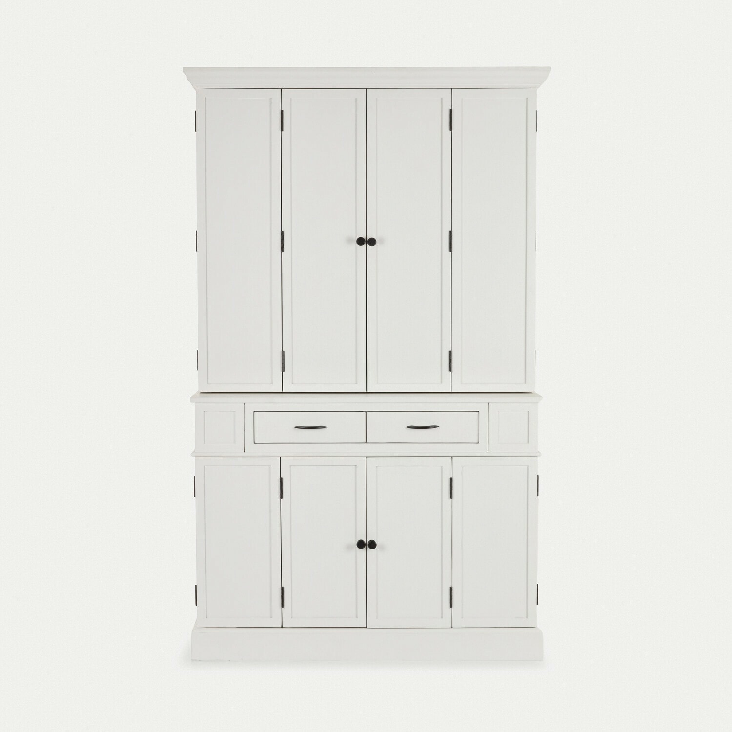 Armoire blanche en bois avec quatre portes et deux tiroirs pour rangement dans le salon