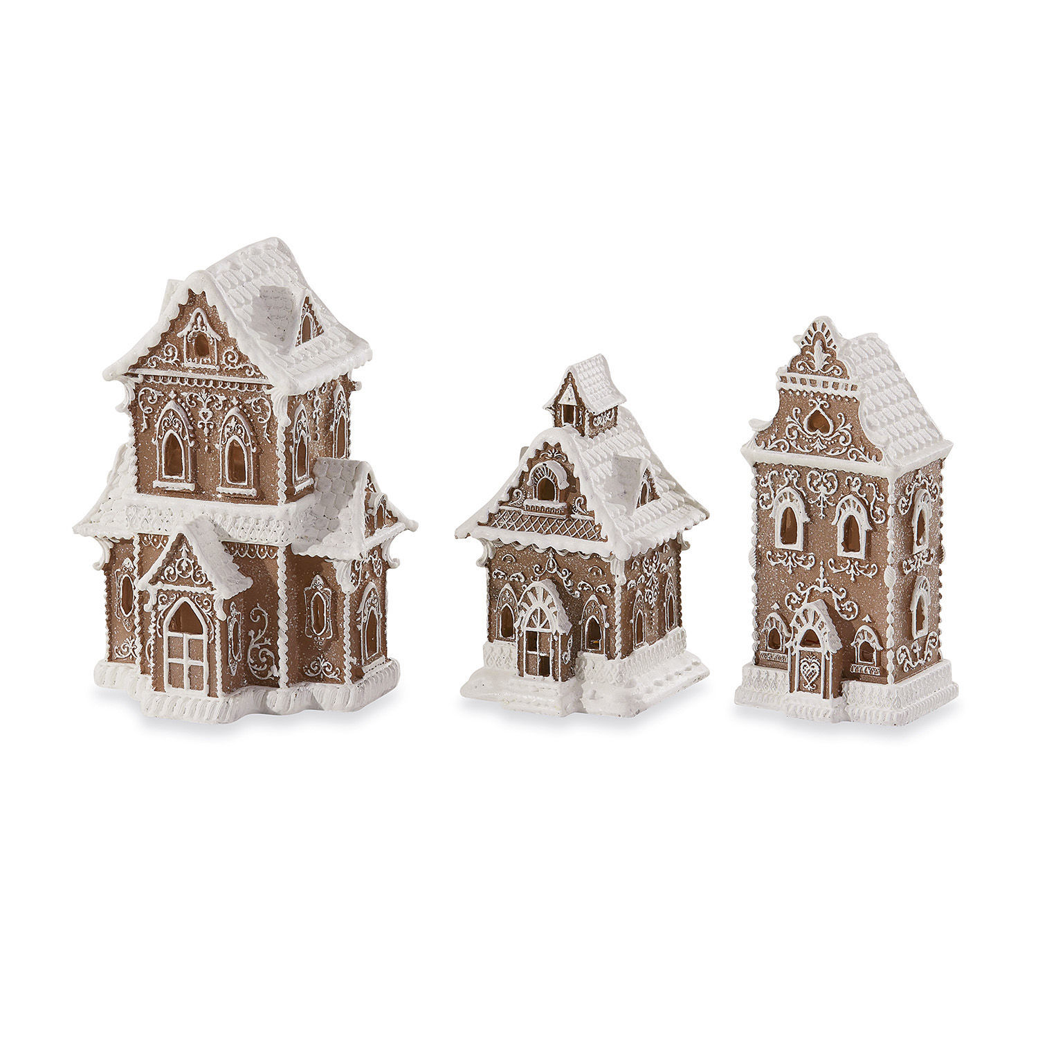 Lot de 3 maisons décoratives Anyama Trois maisons en céramique marron décorées de blanc, style pain d'épices pour décoration festive