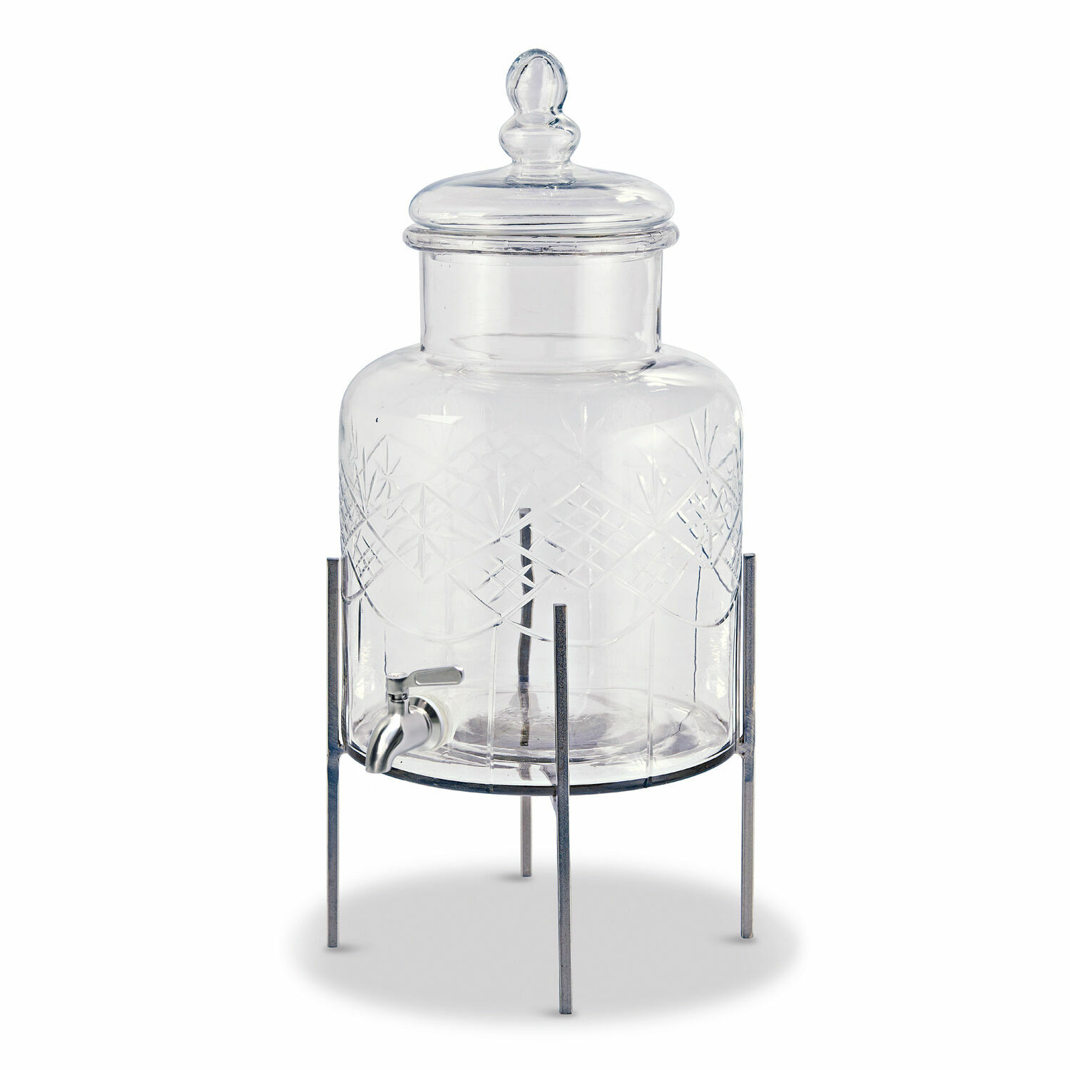 Distributeur de boisson Hagens Distributeur de boissons en verre transparent avec support métallique et robinet, motif décoratif gravé
