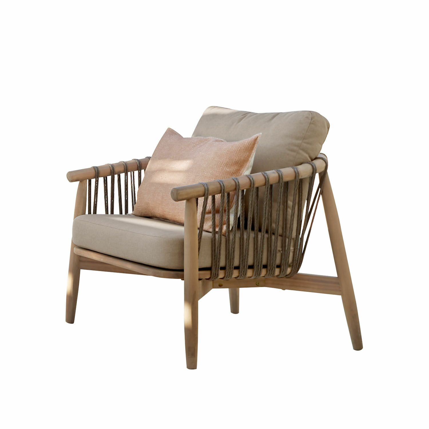 Fauteuil FSC®-100% Thornwick Fauteuil en bois et corde avec coussins beige, meuble moderne pour salon confortable