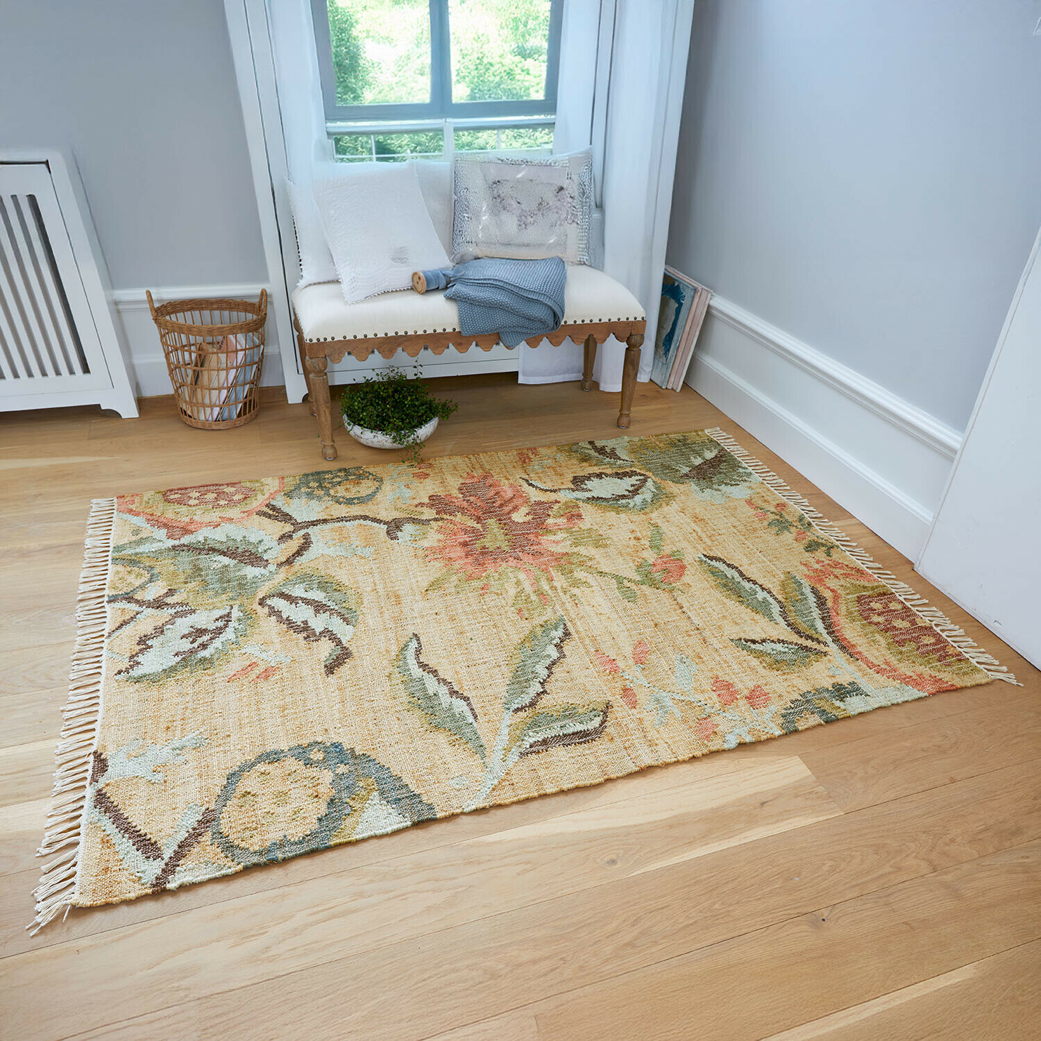 Tapis Lorviano Tapis en coton beige avec motif floral coloré, décoration de sol pour salon élégant