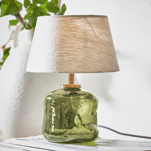 Lampe de table en verre vert avec abat-jour beige, lampe décorative pour salon