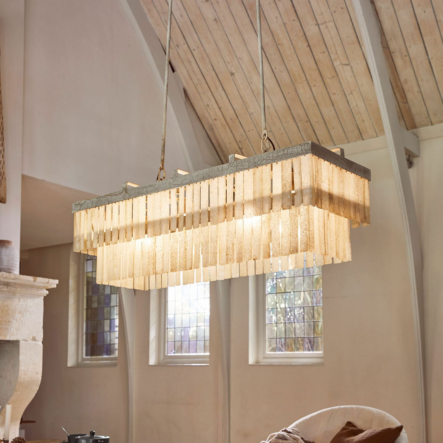 Lustre Krauville Suspension en pierre beige avec panneaux rectangulaires, luminaire décoratif pour salon moderne