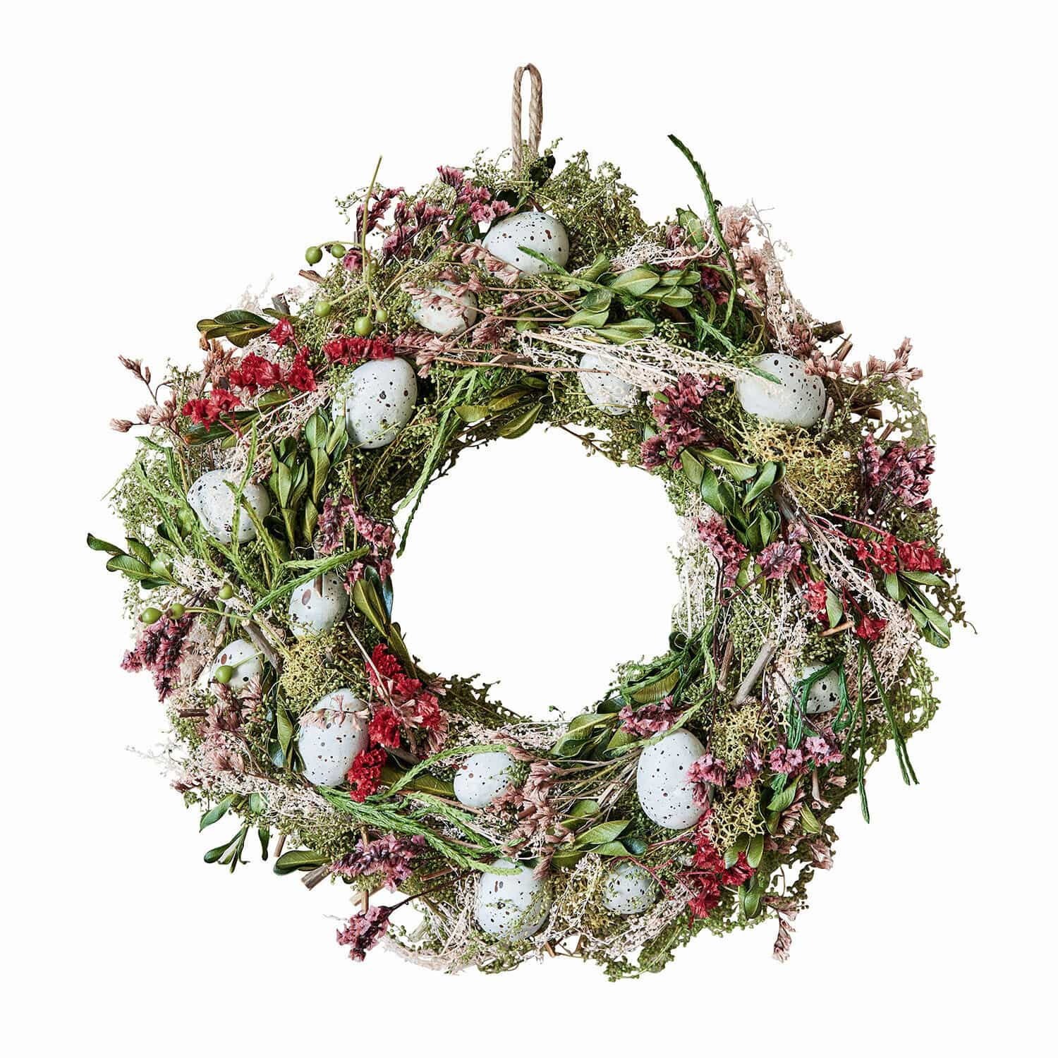 Couronne Kolton Couronne décorative en feuillage vert, fleurs rouges et œufs blancs pour décoration printanière