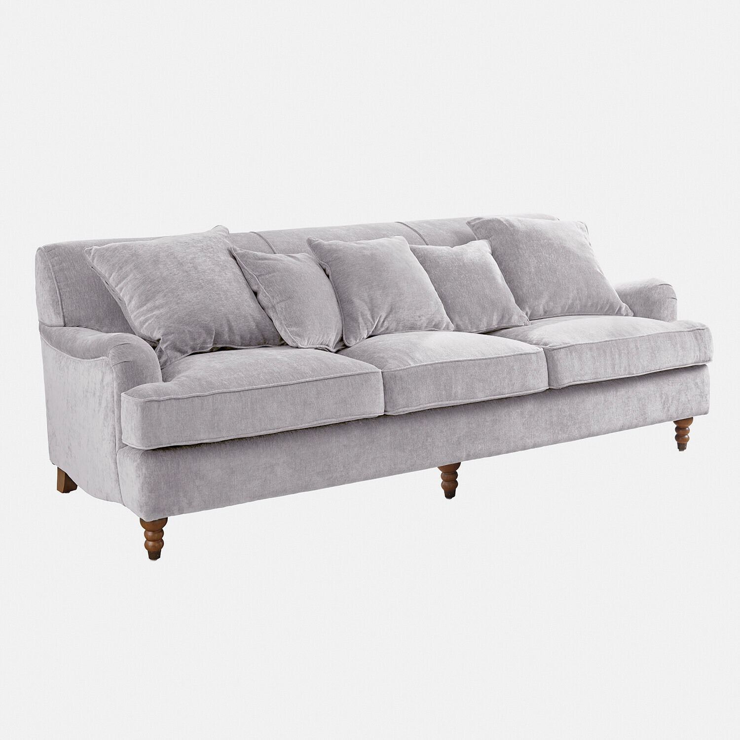Canapé Isa Grand canapé en tissu gris doux avec coussins et pieds en bois, meuble confortable pour salon