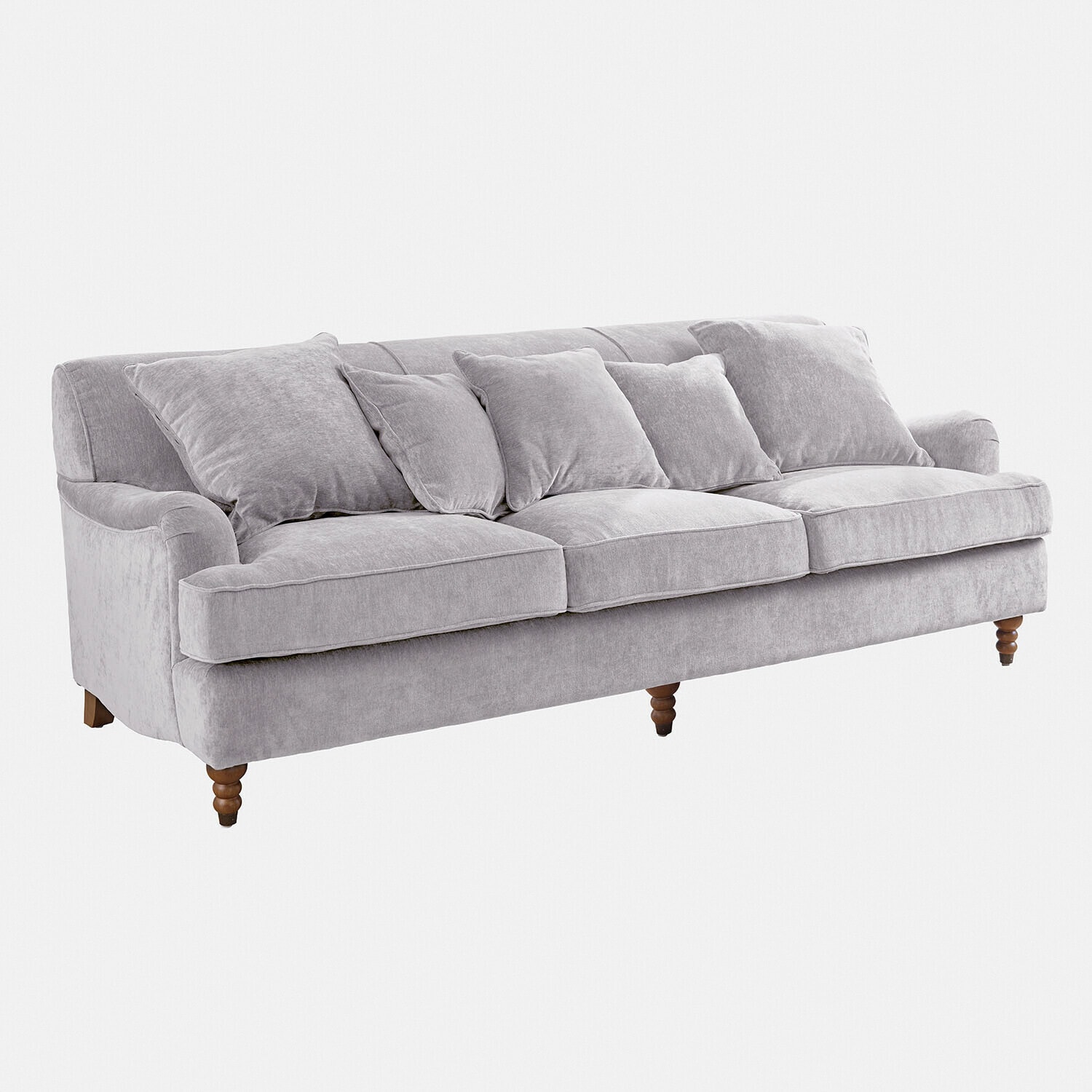 Canapé Isa Grand canapé en tissu gris doux avec coussins et pieds en bois, meuble confortable pour salon