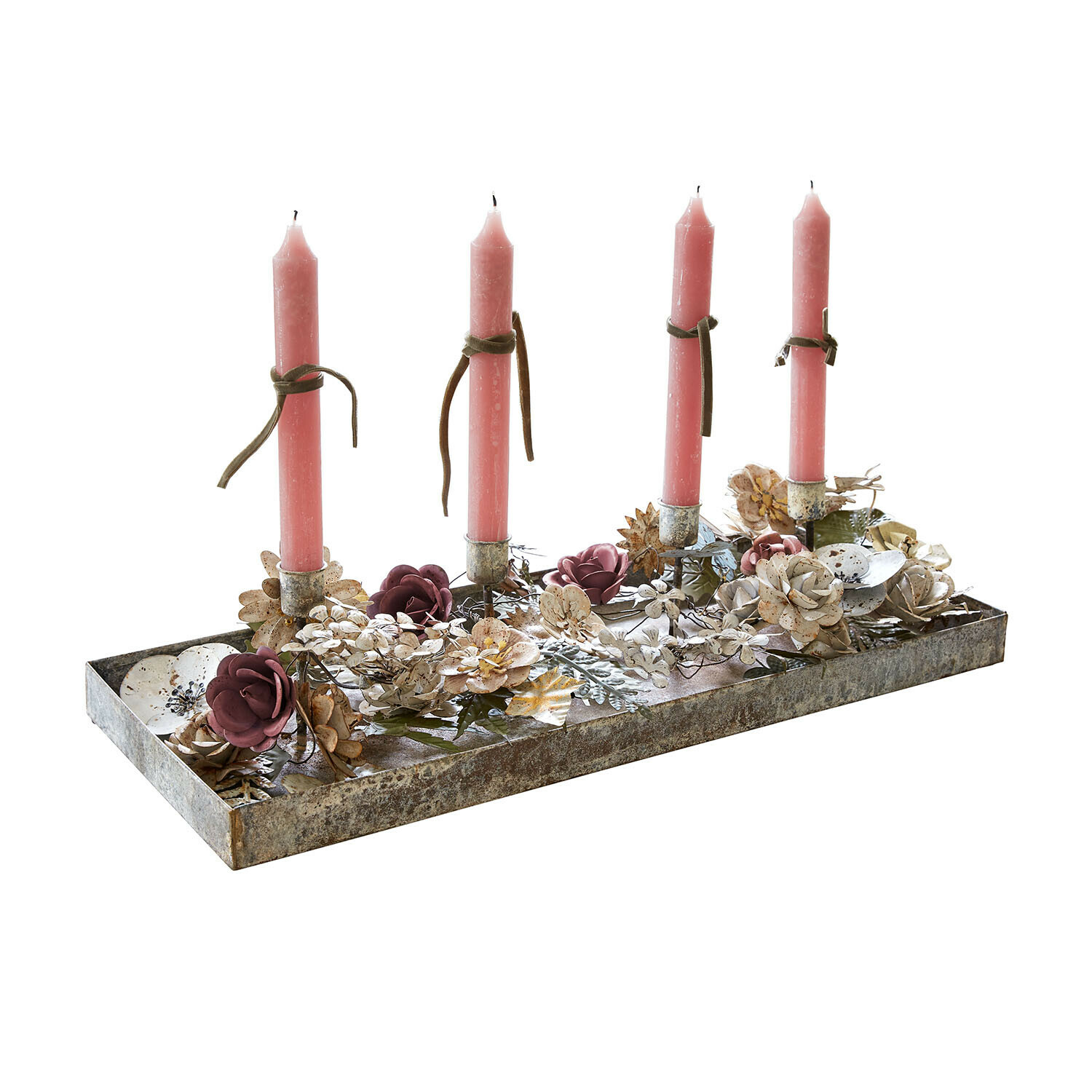 Plateau à bougies Duvérine Bougeoir en métal avec quatre bougies roses et décor floral vintage pour décoration intérieure
