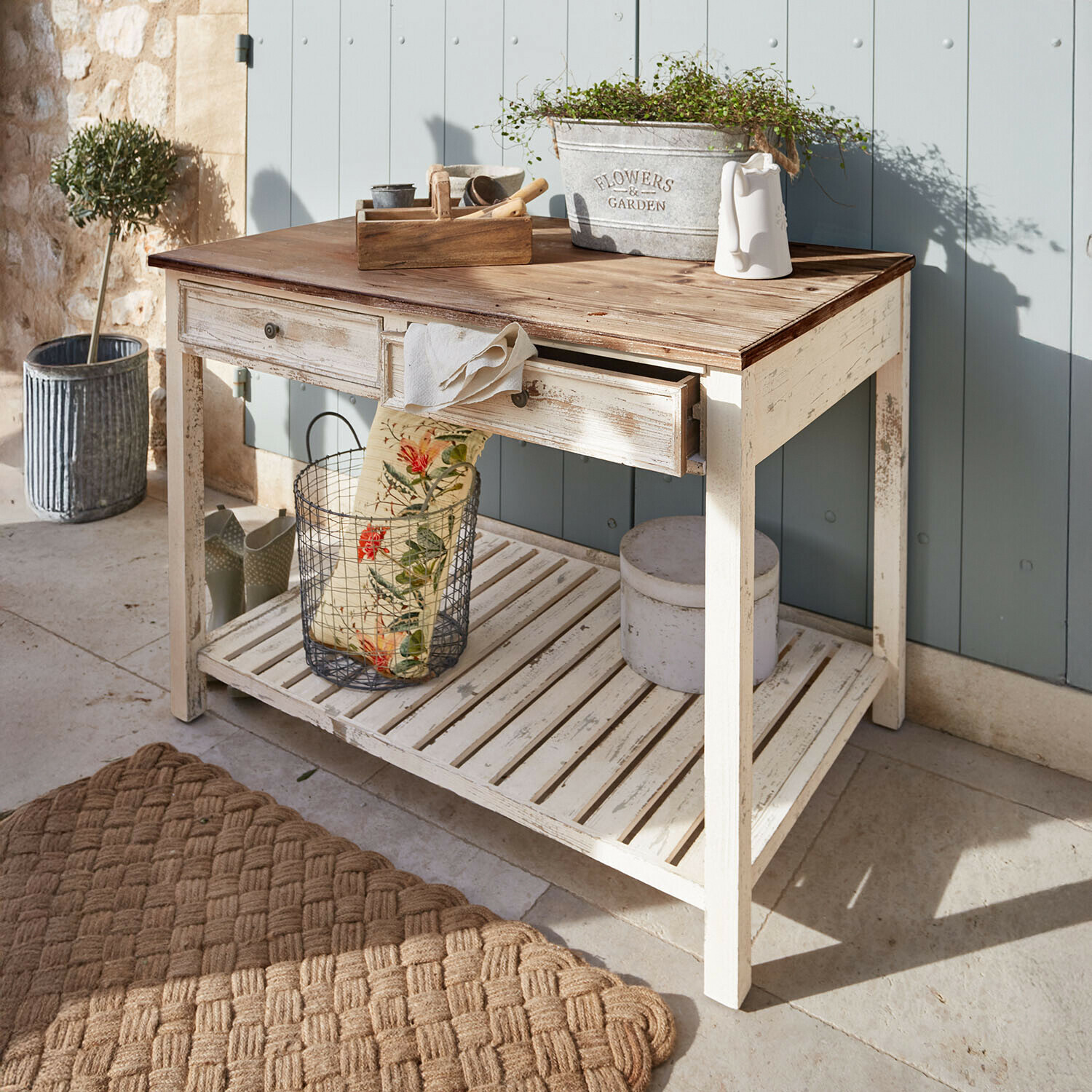 Porte-plantes Mairoux Table rustique en bois blanc avec tiroir et plateau marron pour jardin ou terrasse