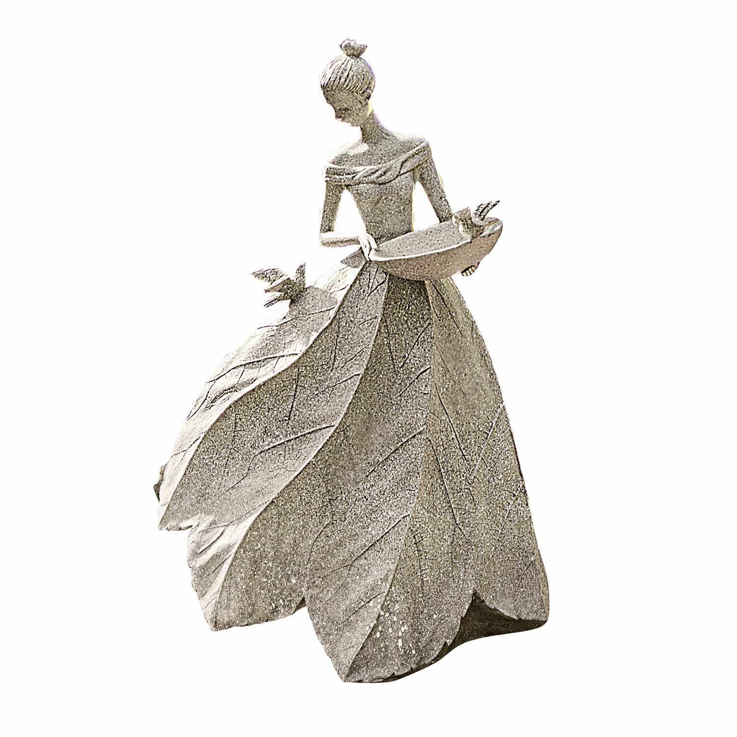 Sculpture Sullon Statue femme en robe de feuilles avec bol et oiseaux, décoration de jardin en pierre grise