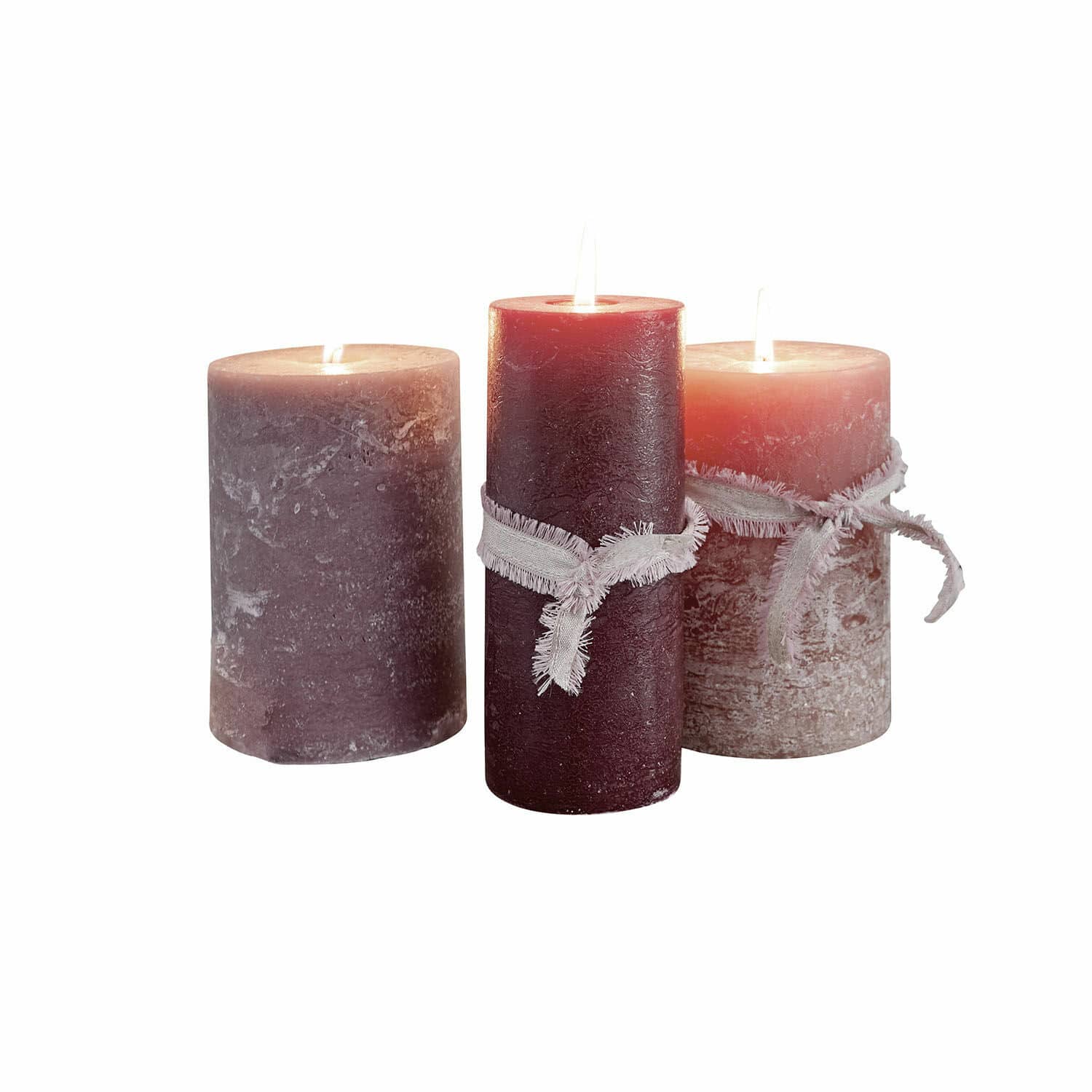 Lot de 3 bougies Salis Ensemble de trois bougies rouges en cire avec cordons décoratifs pour ambiance chaleureuse