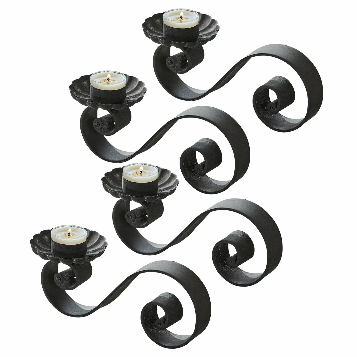 Lot de 4 bougeoirs Vorelin Ensemble de deux bougeoirs en métal noir avec supports pour bougies chauffe-plat, design décoratif