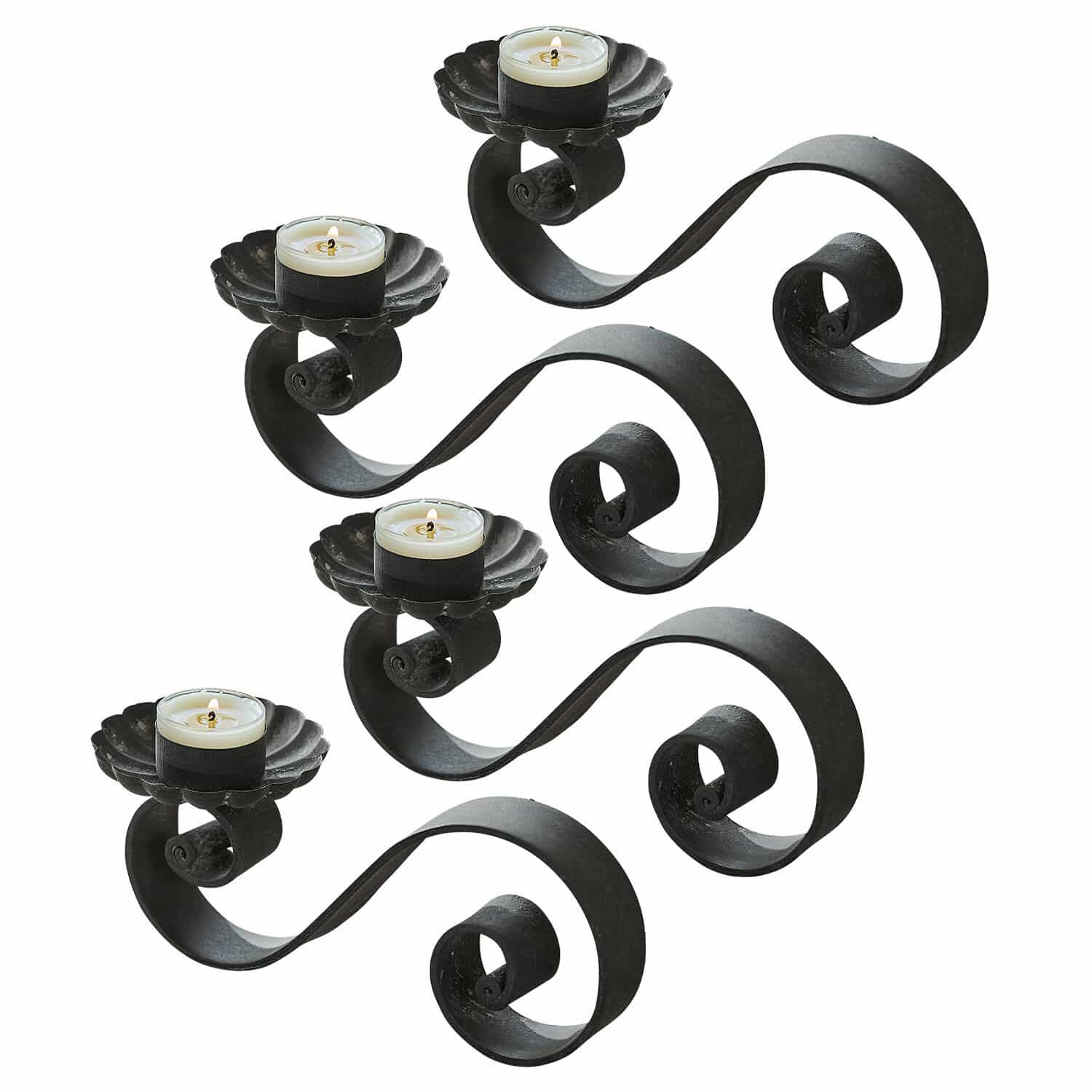 Lot de 4 bougeoirs Vorelin Ensemble de deux bougeoirs en métal noir avec supports pour bougies chauffe-plat, design décoratif
