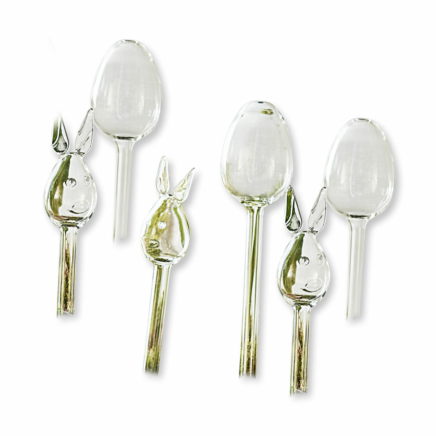 Lot de 6 arroseurs autonomes Suva Décorations en verre transparent en forme de têtes de lapin et œufs pour jardin, ornements de printemps