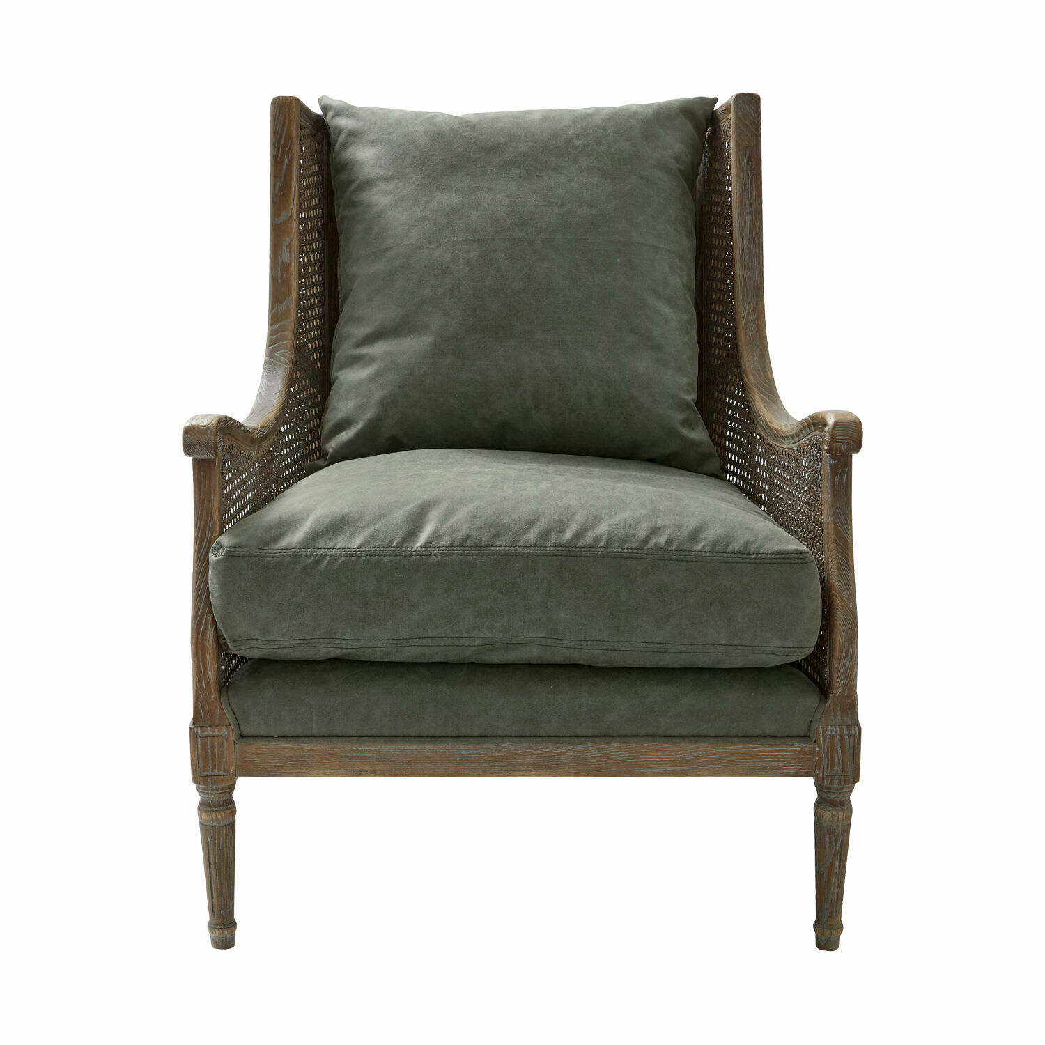 marron vieilli/vert Fauteuil Greenbrier en tissu gris avec structure en bois ajouré, style vintage élégant