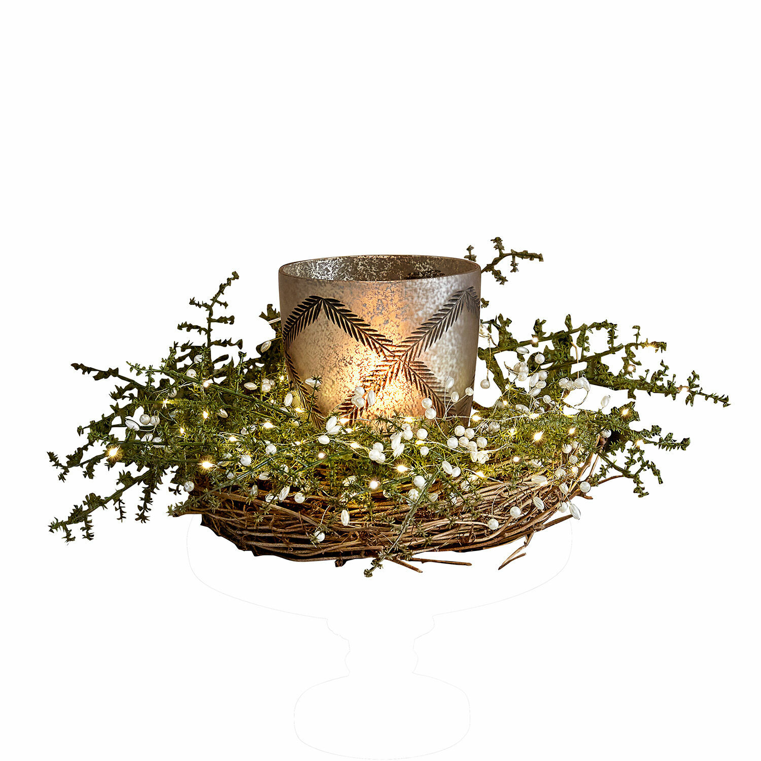 Couronne Helvique Photophore en verre avec motif de feuilles sur une couronne en osier avec branches vertes et baies blanches