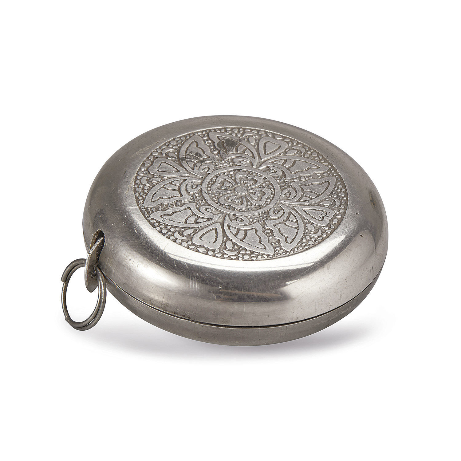 Mètre-ruban Jesolo Boîte ronde en métal argenté avec gravure décorative et anneau, accessoire de décoration
