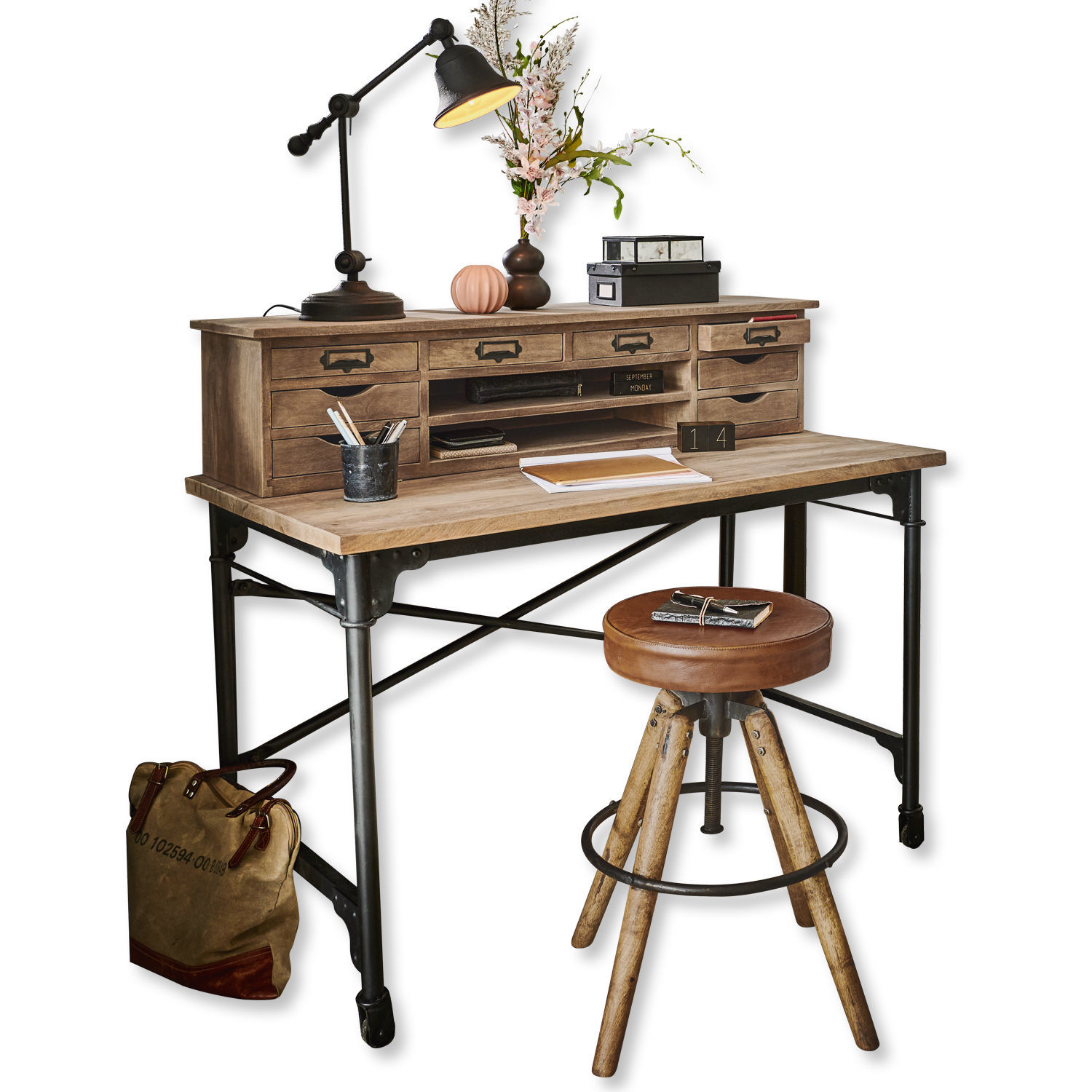Bureau Leognan Bureau en bois et métal avec plusieurs tiroirs et tabouret en cuir marron avec pieds en bois