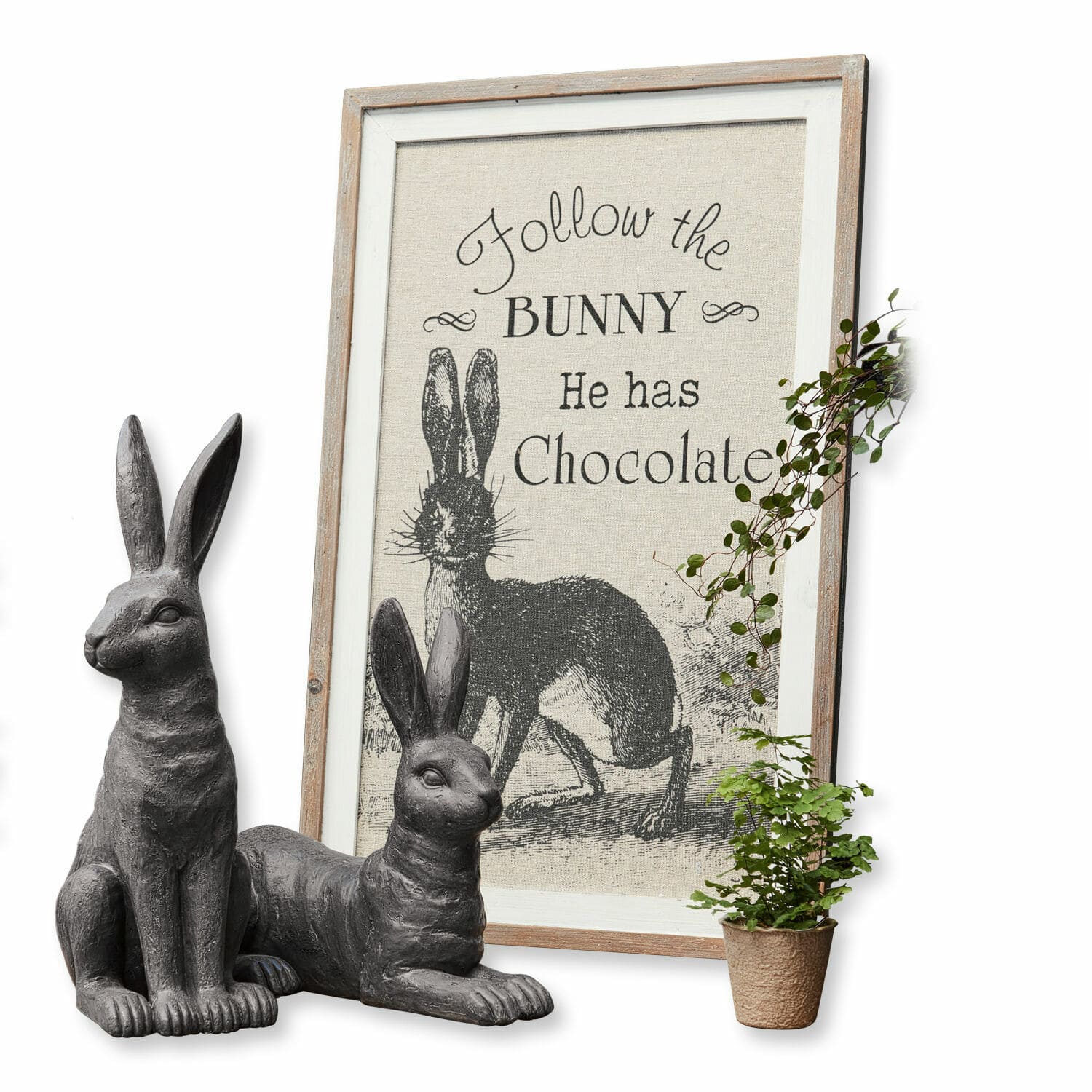 Tableau décoratif Chocolate Figurines de lapins grises décoratives avec cadre beige et texte sur le lapin et le chocolat