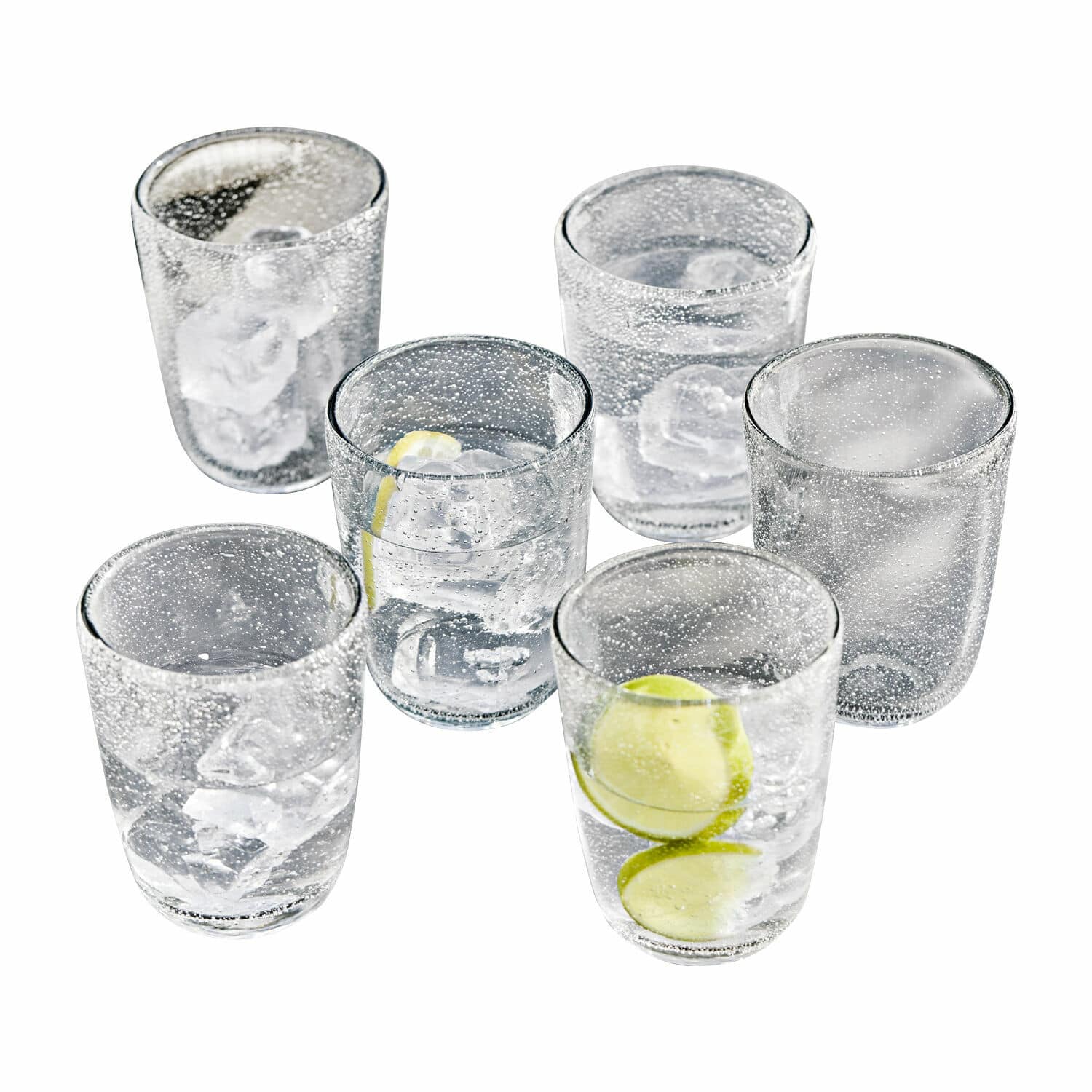 Lot de 6 verres Parilly Ensemble de six verres en verre à bulles avec glaçons et tranches de citron pour boissons.
