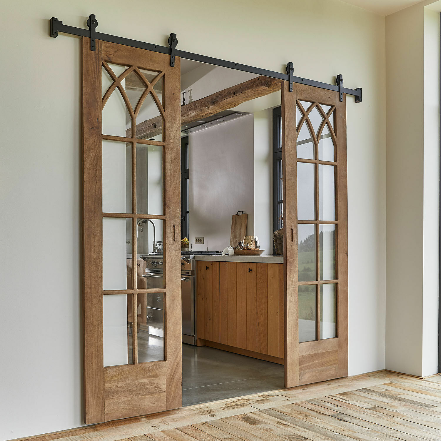 Double porte coulissante Quilly-sur-Marne Portes coulissantes en bois naturel avec vitres décoratives pour cuisine moderne