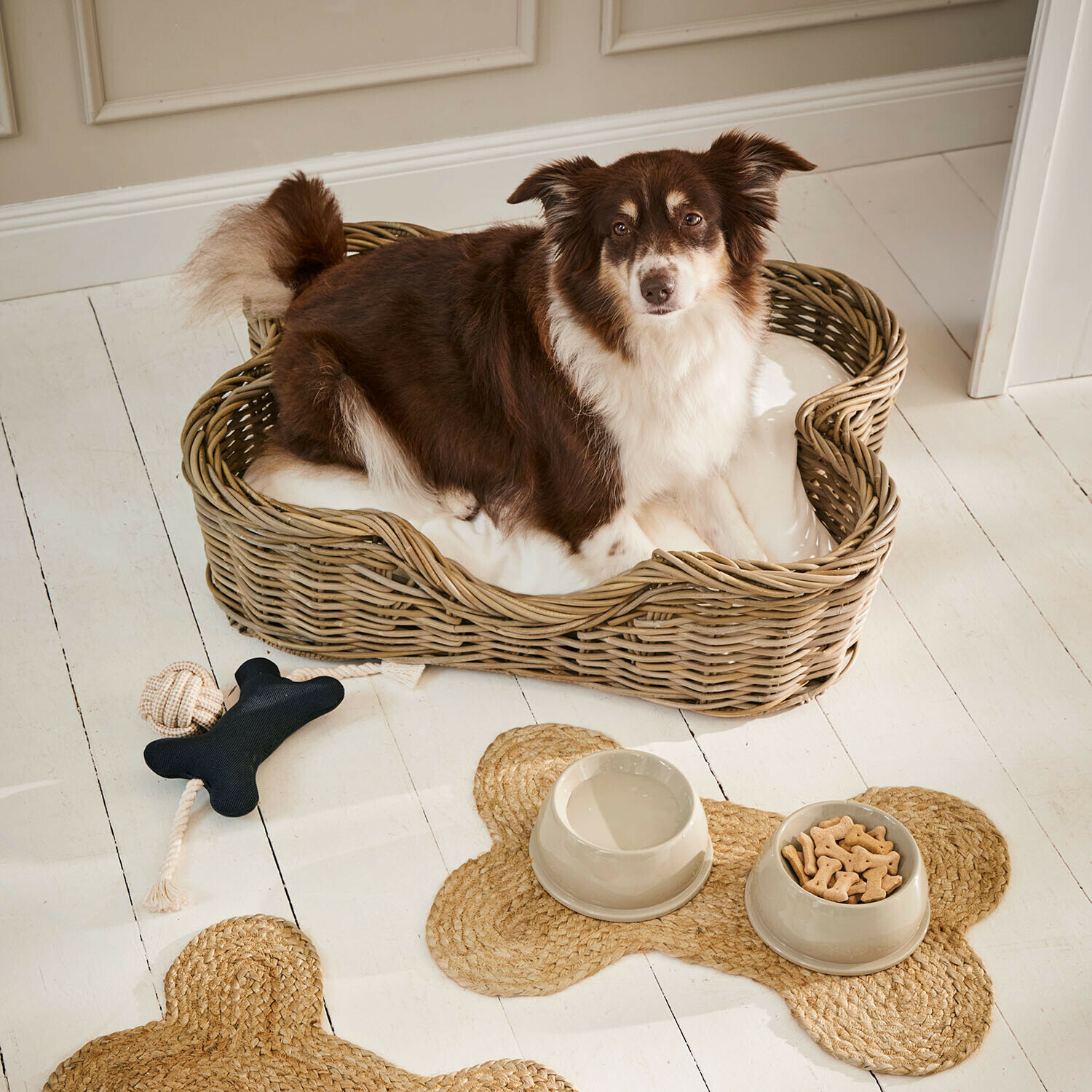Panier pour animaux Ninloo Chien brun et blanc couché dans un panier en osier avec coussin, bols de nourriture et d'eau sur tapis en forme d'os