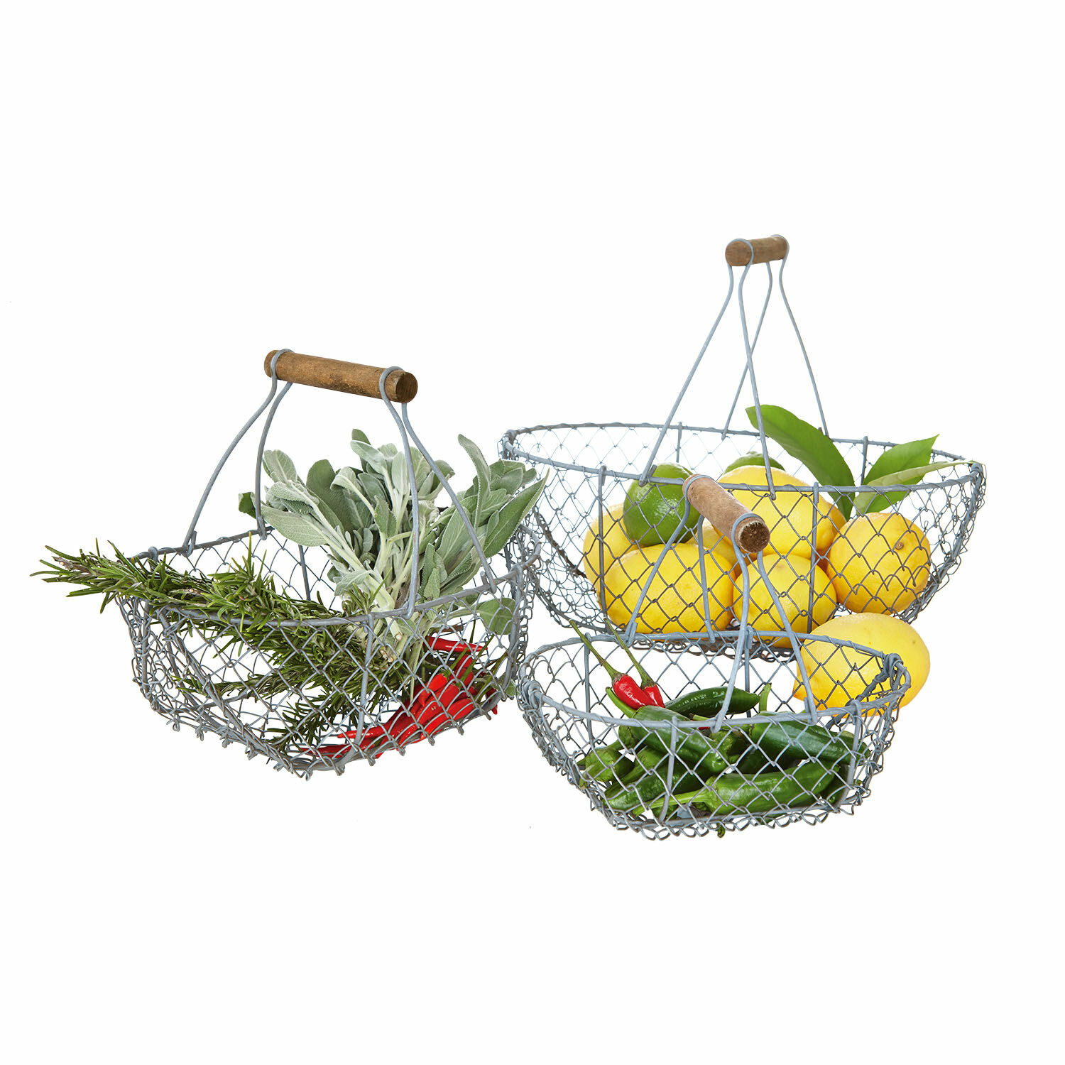 Lot de 3 paniers en grillage Baker Ensemble de trois paniers en métal avec poignées en bois remplis de citrons et d'herbes fraîches