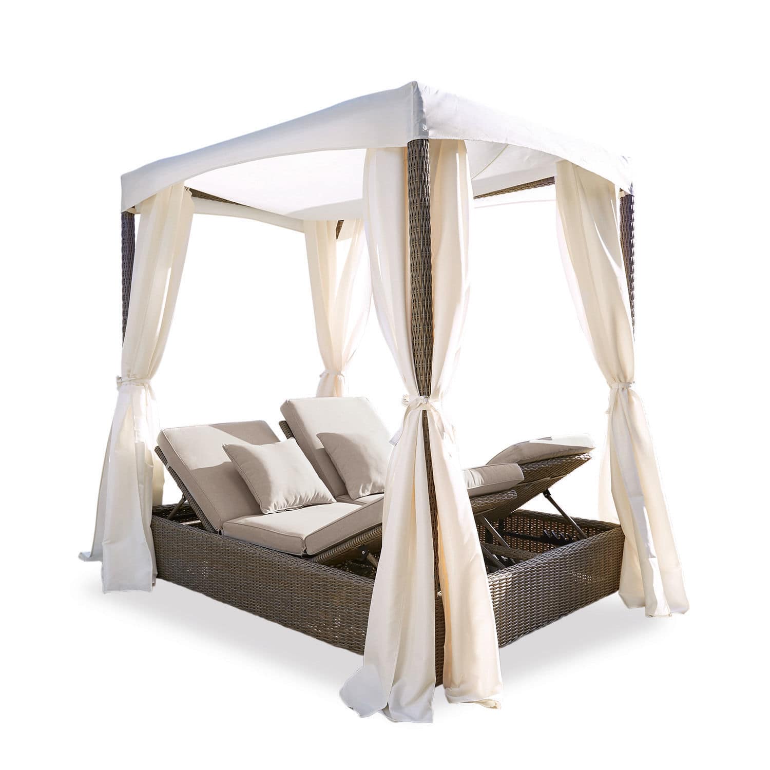 Canapé de jardin Hereford Double bain de soleil en technorattan avec coussins crème et toit blanc pour jardin