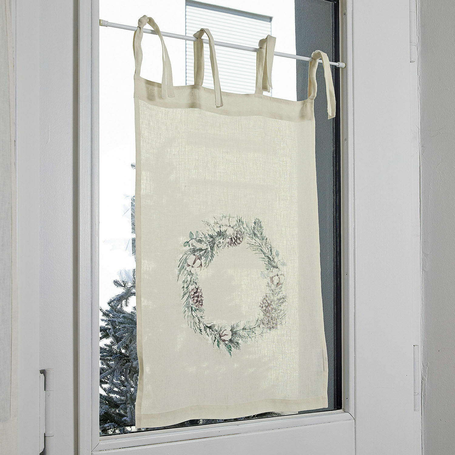Brise-bise Torge Rideau en lin beige avec couronne décorative de pommes de pin et branches pour fenêtre