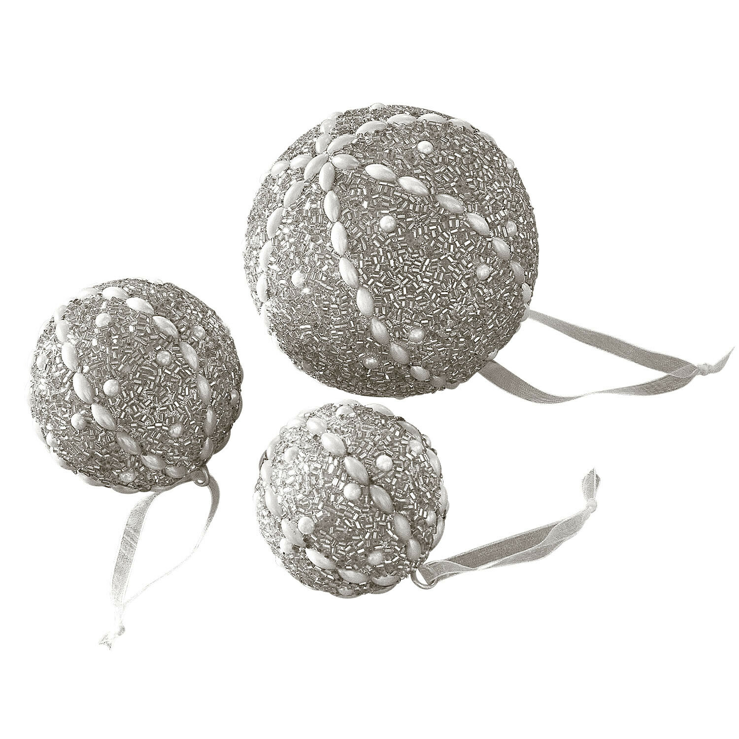 Lot de 3 boules de Noël Maelvik Ensemble de trois boules de Noël argentées ornées de perles avec rubans pour suspension