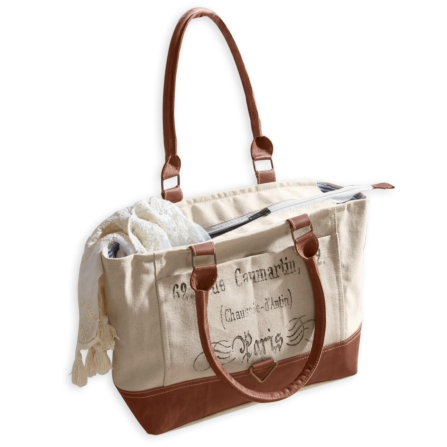 Sac Linna Sac beige en tissu avec poignées en cuir marron et impression vintage pour un style décontracté