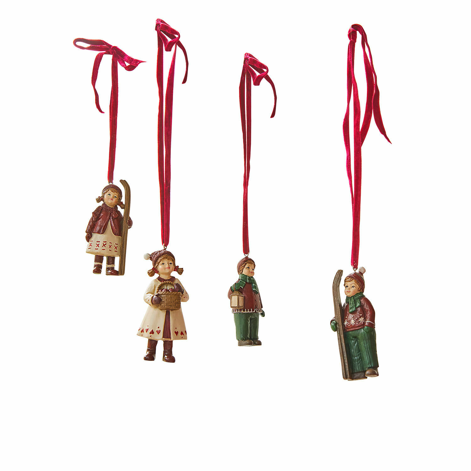 Lot de 4 figurines à suspendre Helgelund Ensemble de quatre décorations de Noël avec figurines d'enfants en vêtements d'hiver suspendues à des rubans rouges