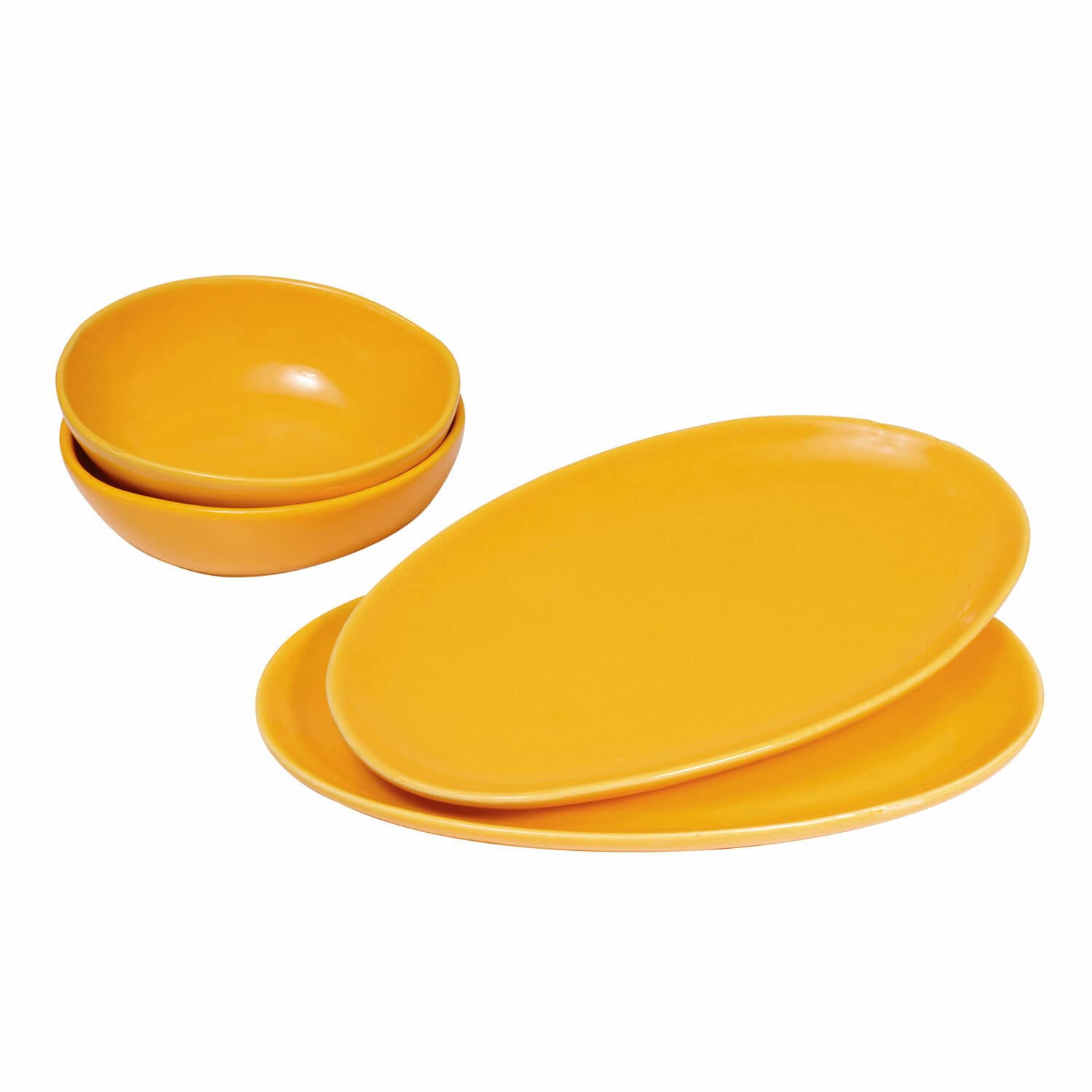 Ensemble de vaisselle jaune en céramique 4 pièces avec assiettes et bols pour usage quotidien